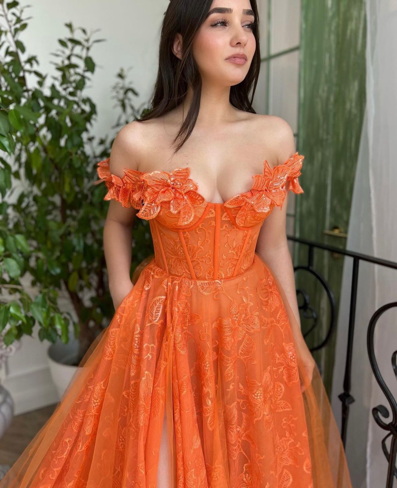 Orange A-Line dress with off the shoulder sleeves and embroidery