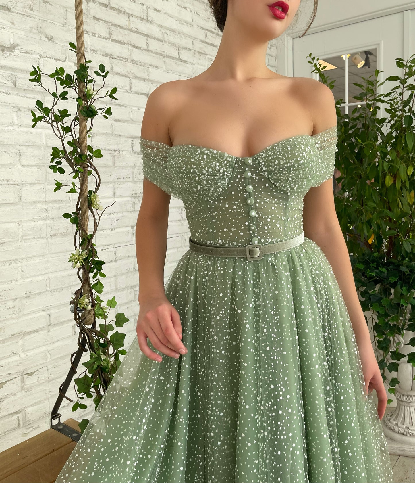 Green midi dress with belt and off the shoulder sleeves