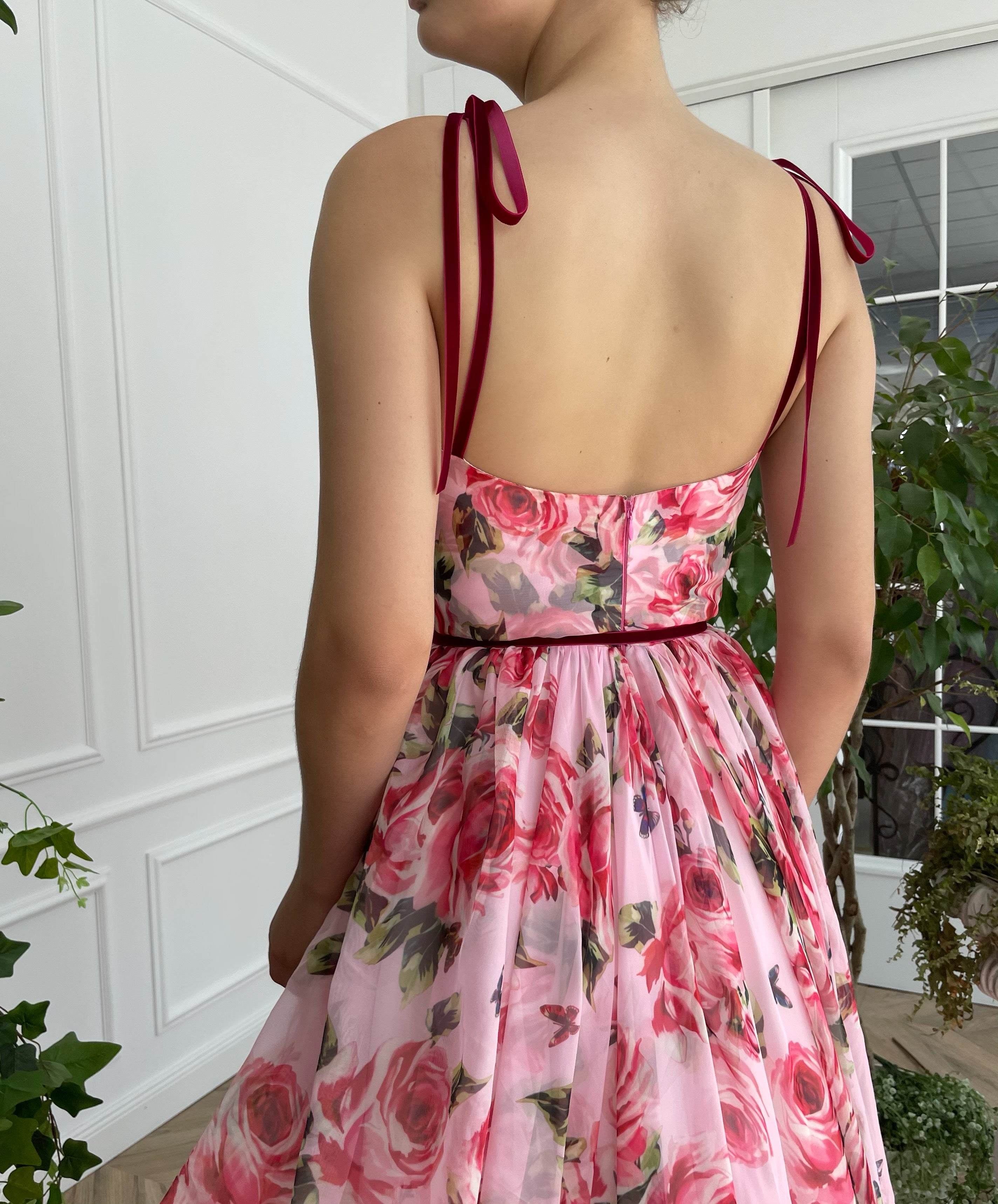 Pink A-Line dress with spaghetti straps and v-neck