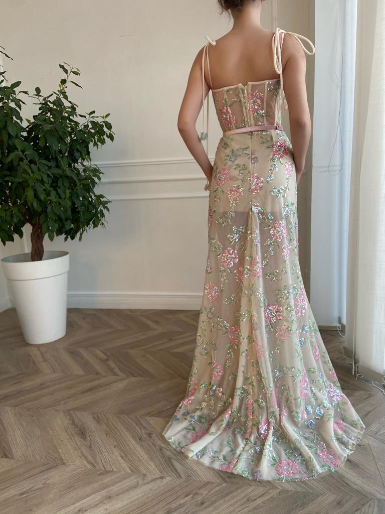 Colorful mermaid dress with embroidery, spaghetti straps and belt