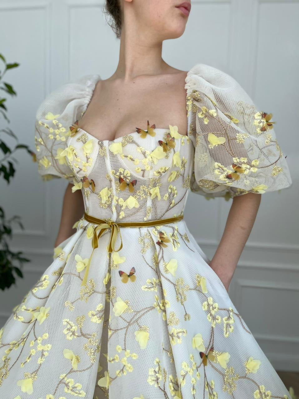 Yellow midi dress with embroidery and off the shoulder sleeves