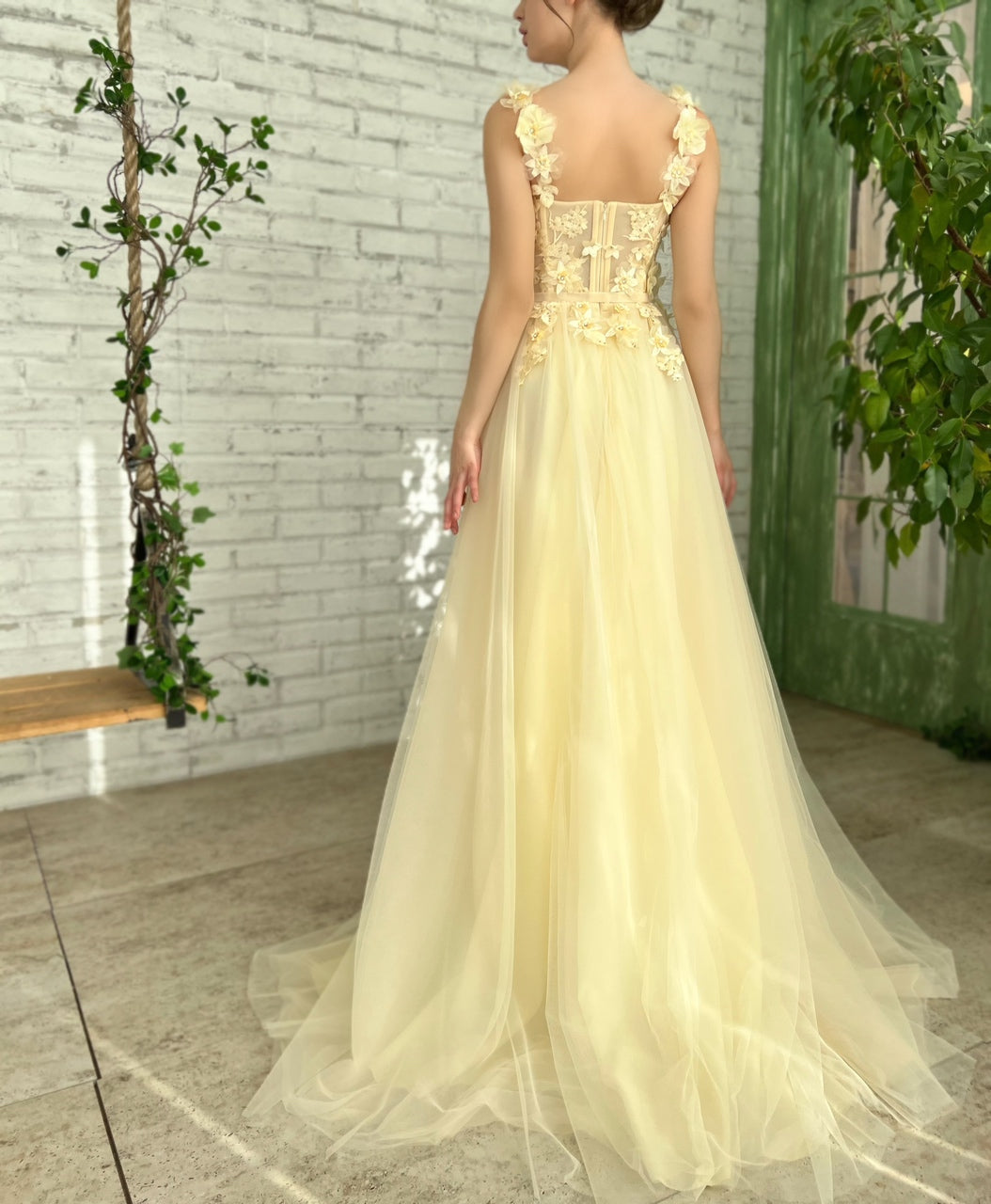 Yellow A-Line dress with straps, embroidery and flowers