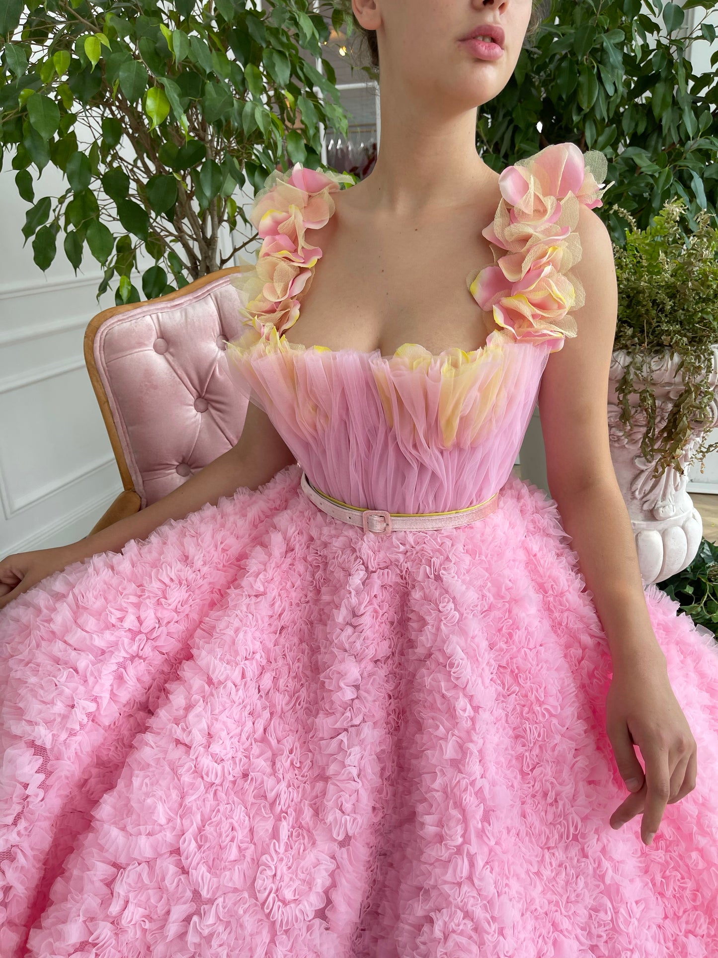 Pink A-Line dress with belt, embroidery and straps