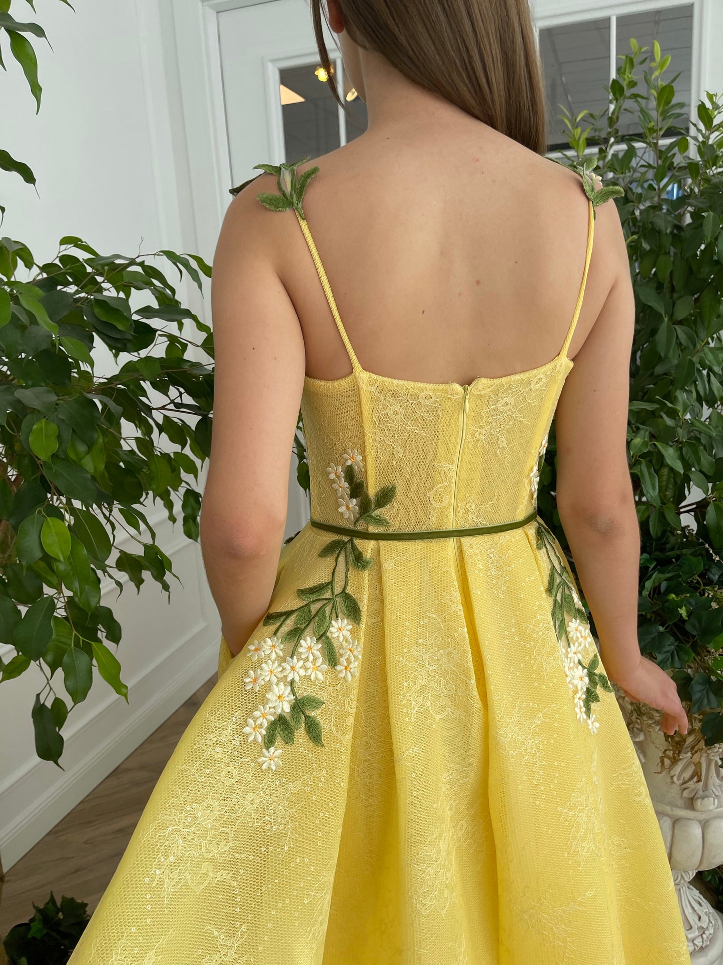Yellow A-Line dress with embroidery and spaghetti straps