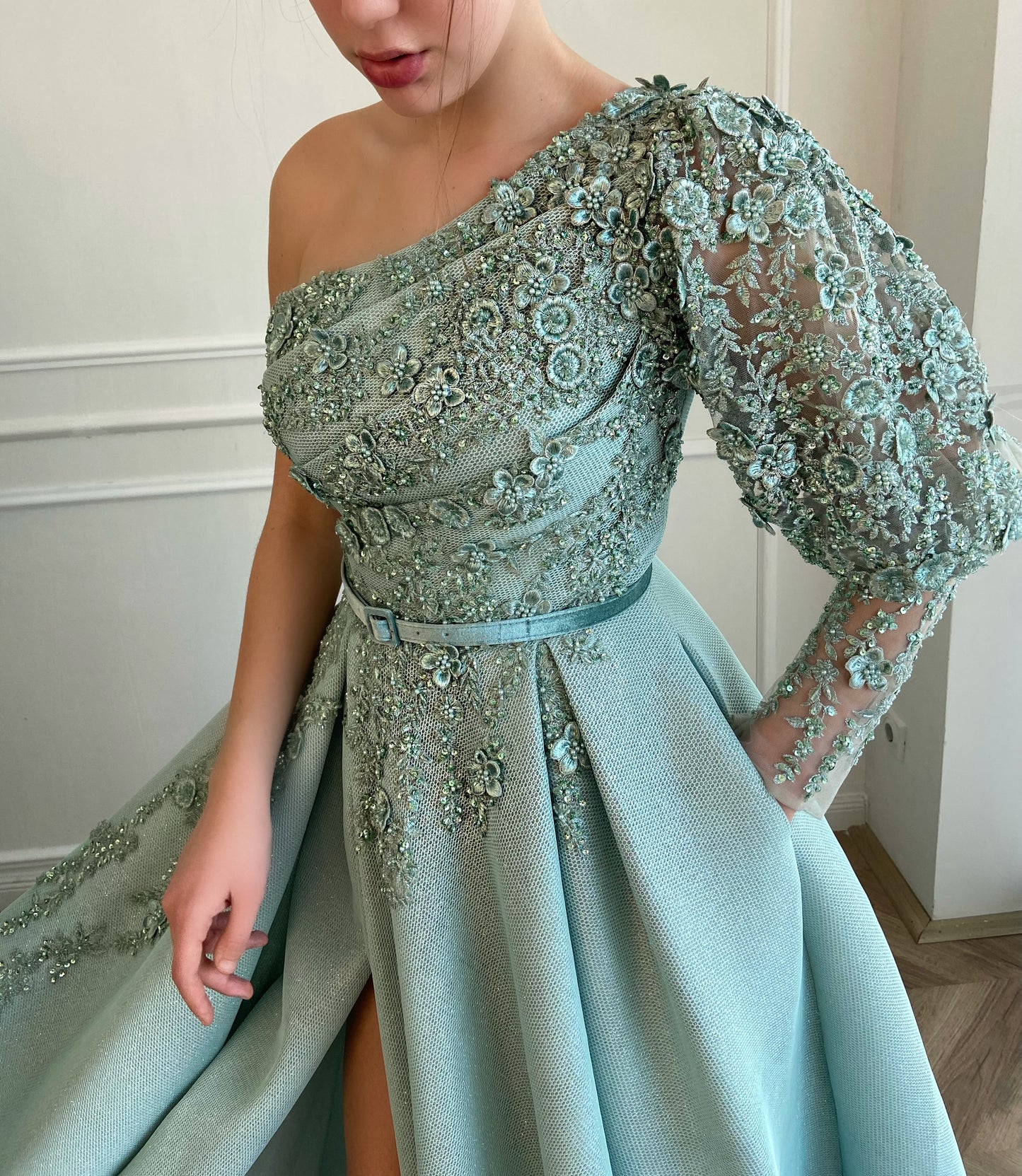 Blue A-Line dress with one shoulder sleeve, belt and embroidery 