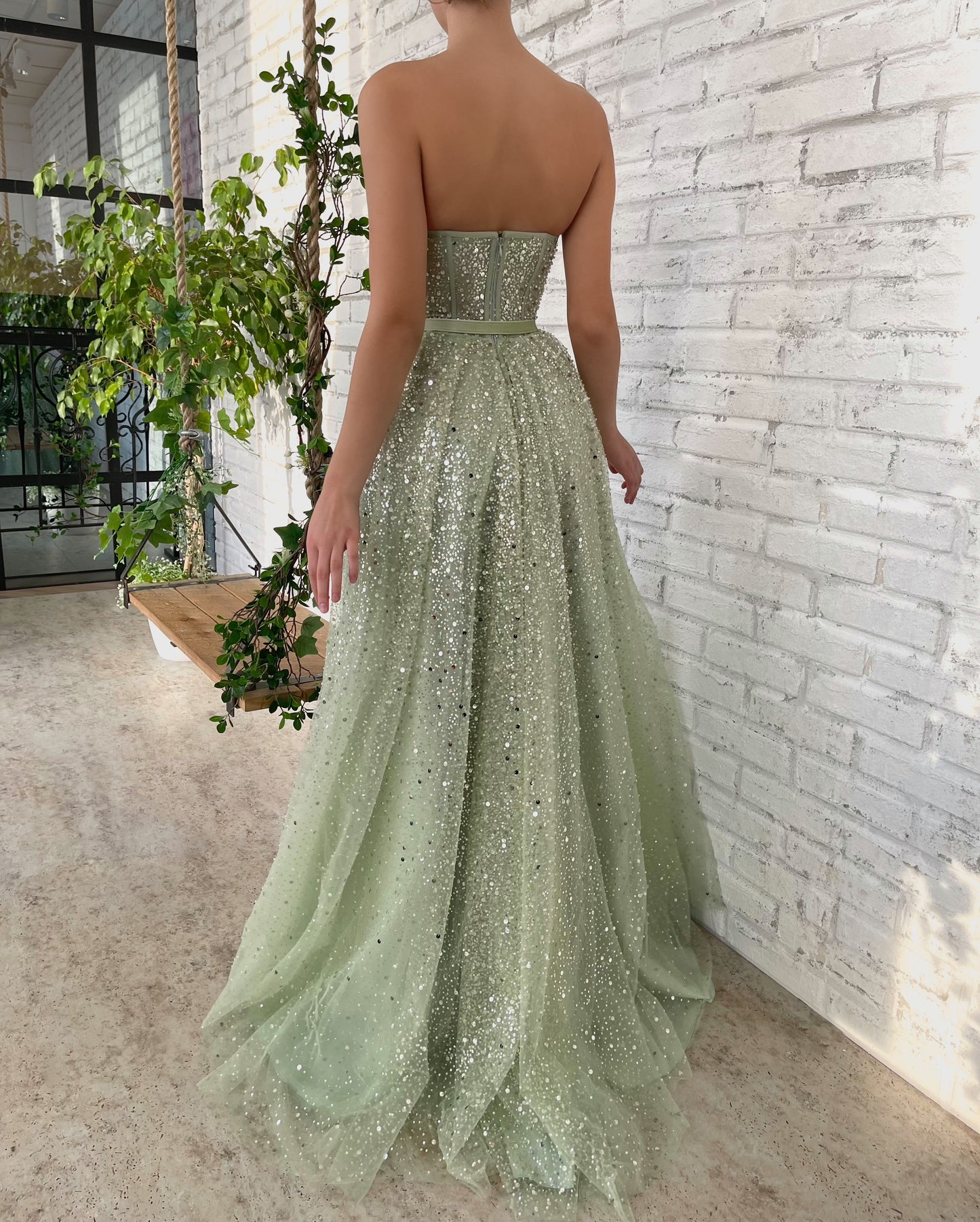 Green A-Line dress with belt and no sleeves