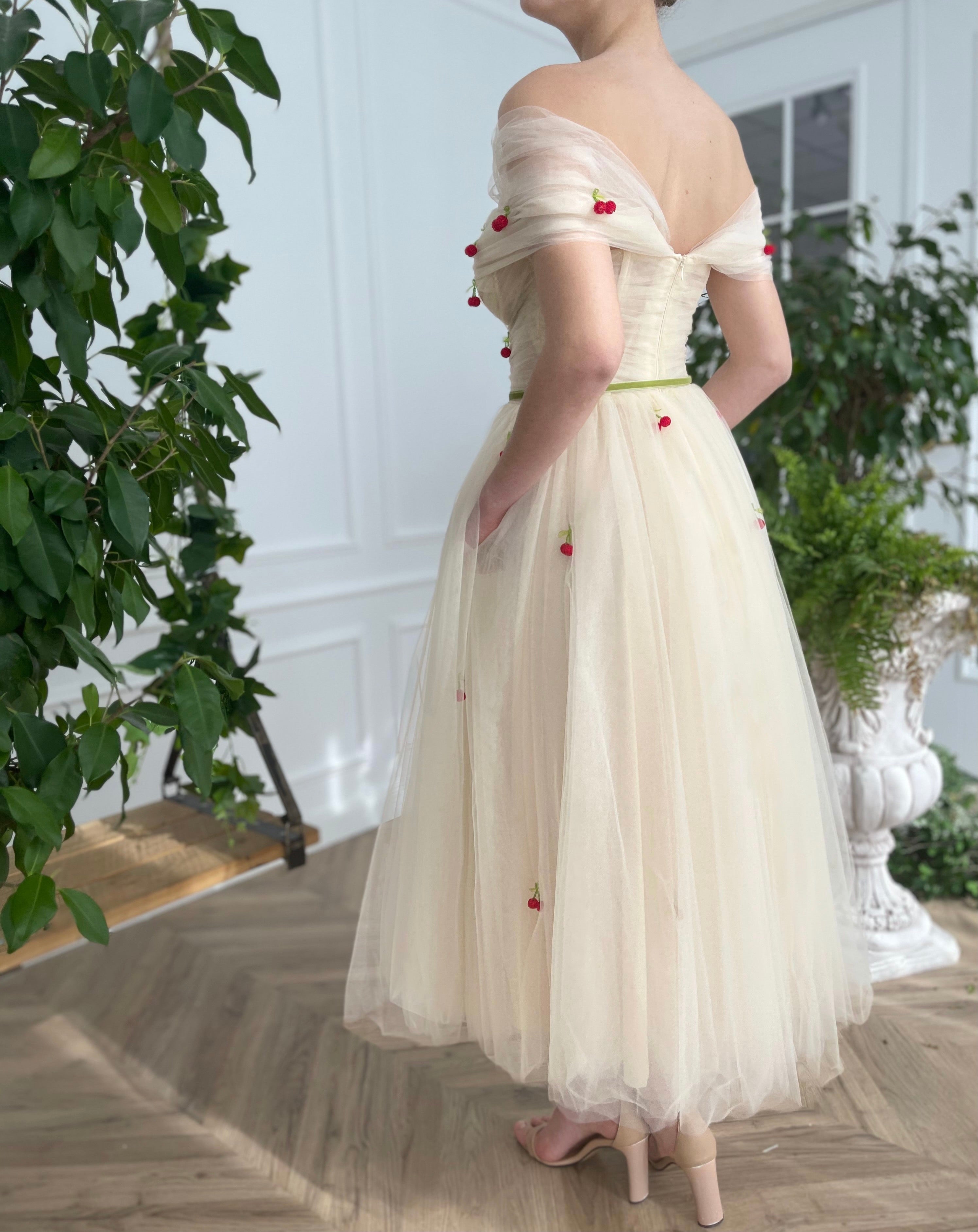 Midi beige bridal dress with embroidered cherries and off the shoulder sleeves