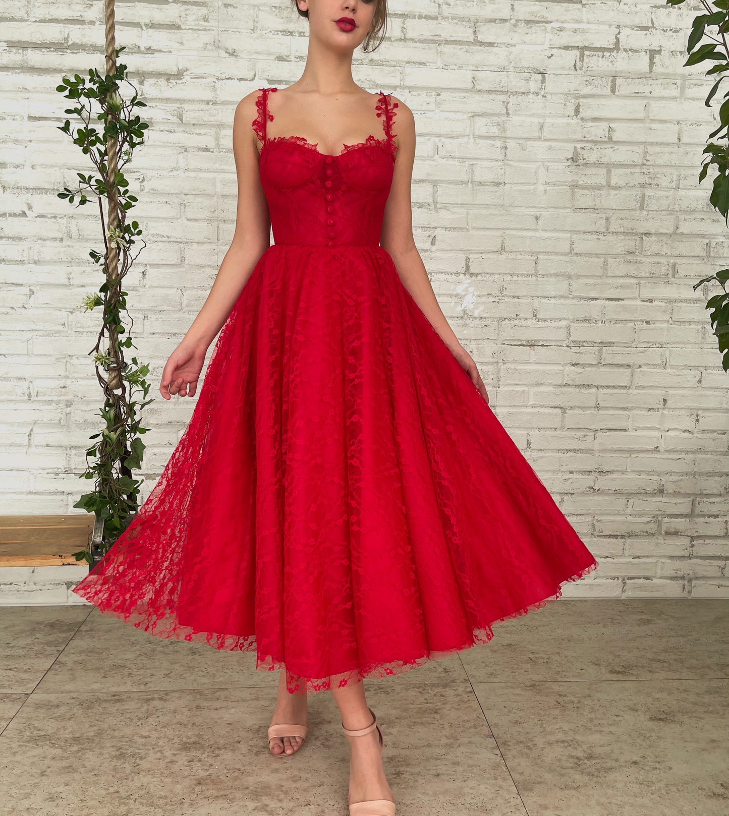 Red midi dress with spaghetti straps