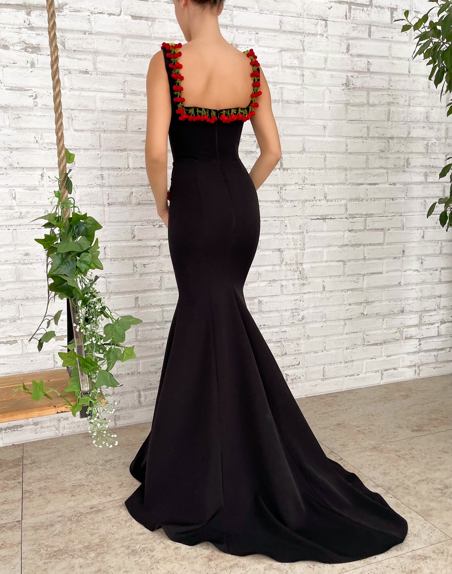 Black mermaid dress with straps and embroidered cherries