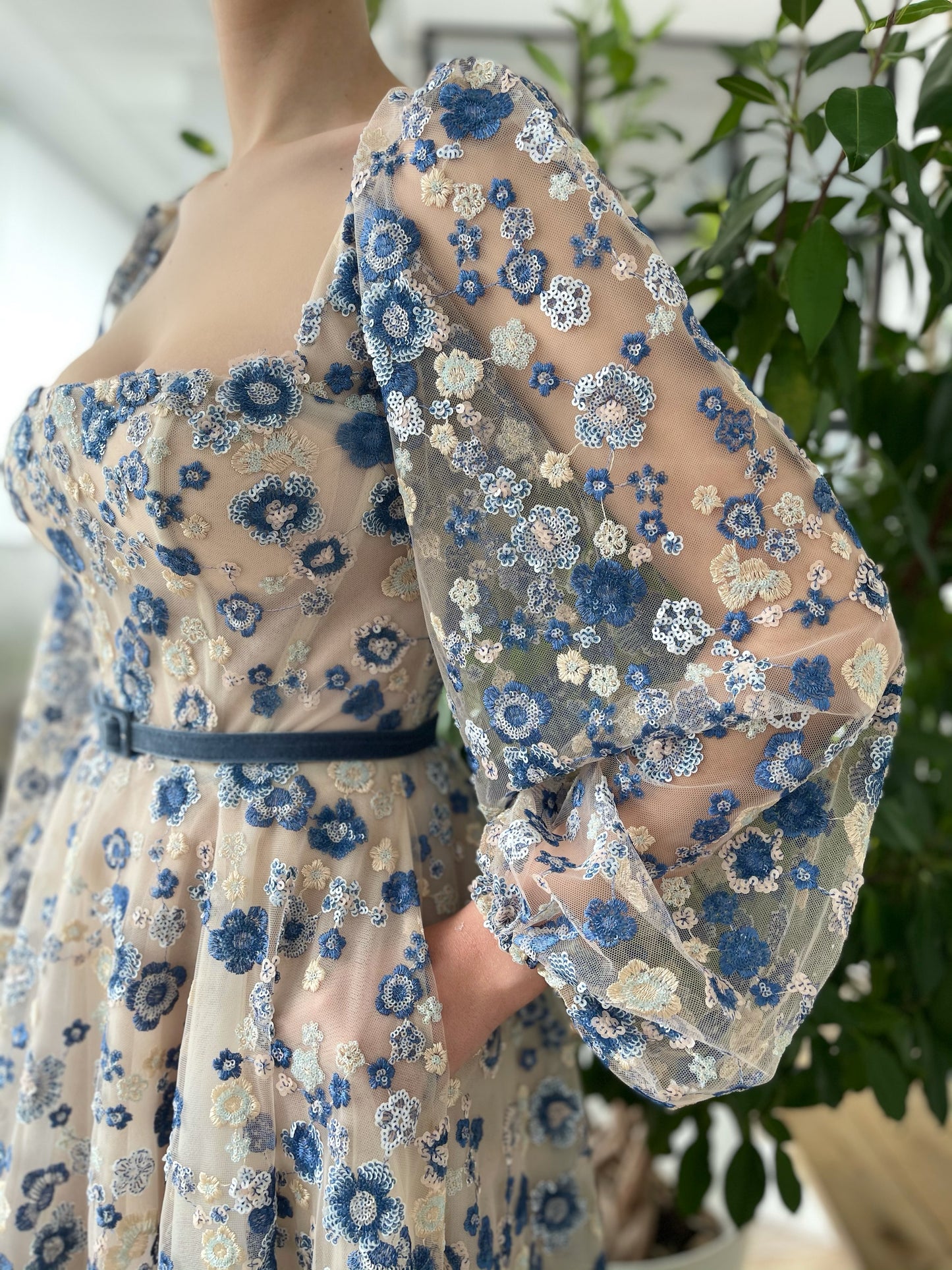 Beige A-Line dress with long sleeves, belt and printed flowers