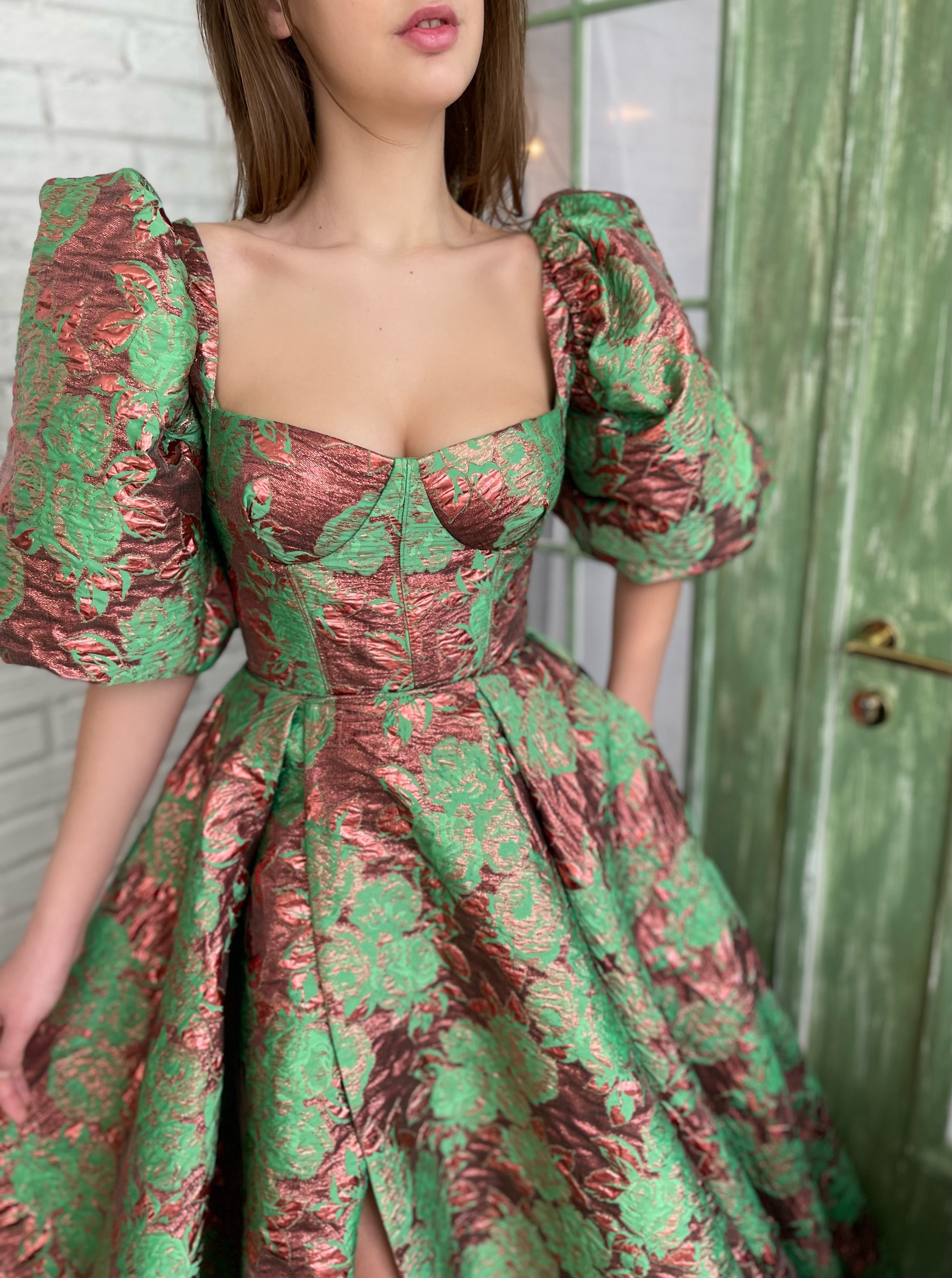 Green A-Line dress with short puff sleeves