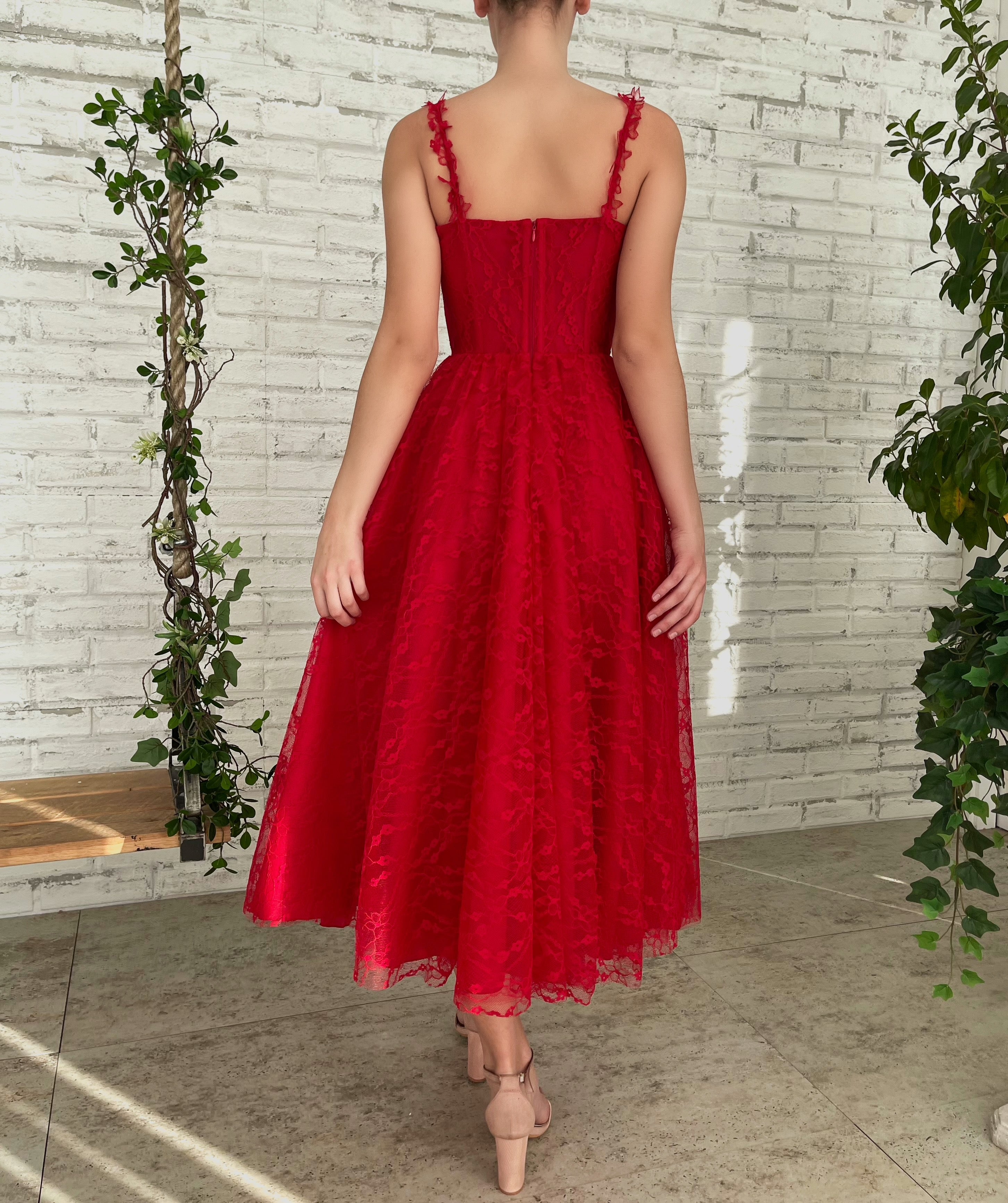Red midi dress with spaghetti straps