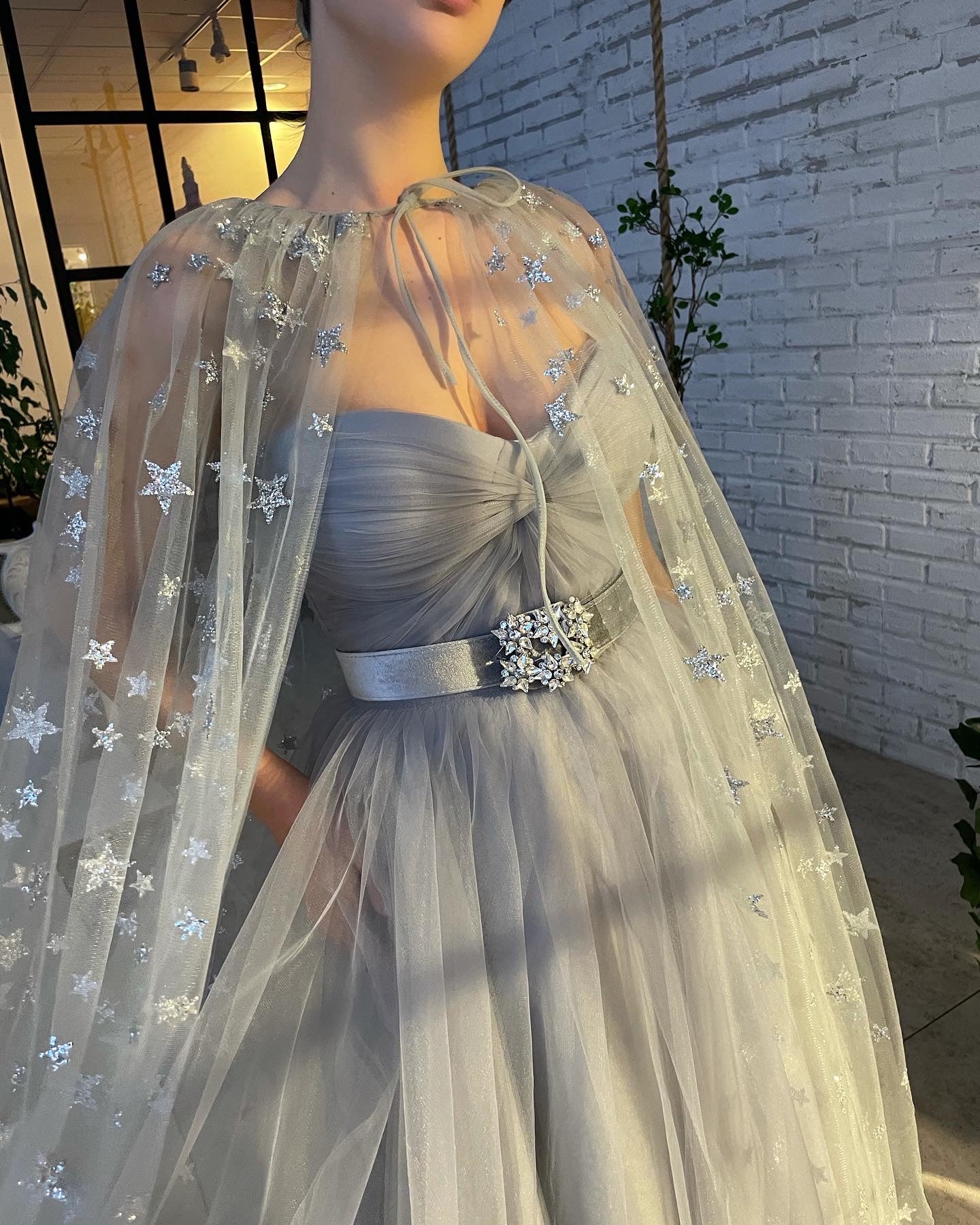 Grey A-Line dress with starry cape and belt
