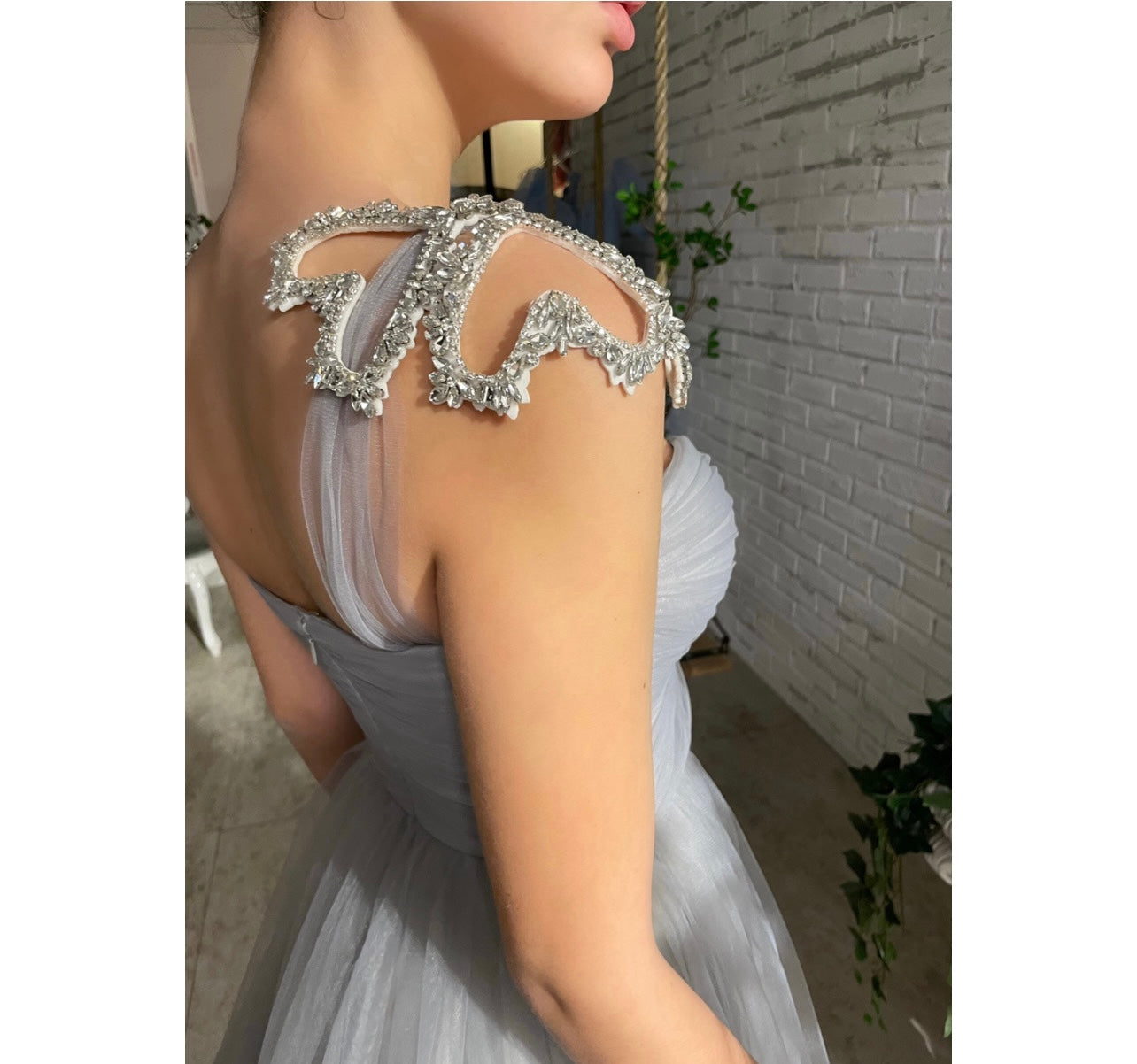 Grey midi dress with straps and embroidery