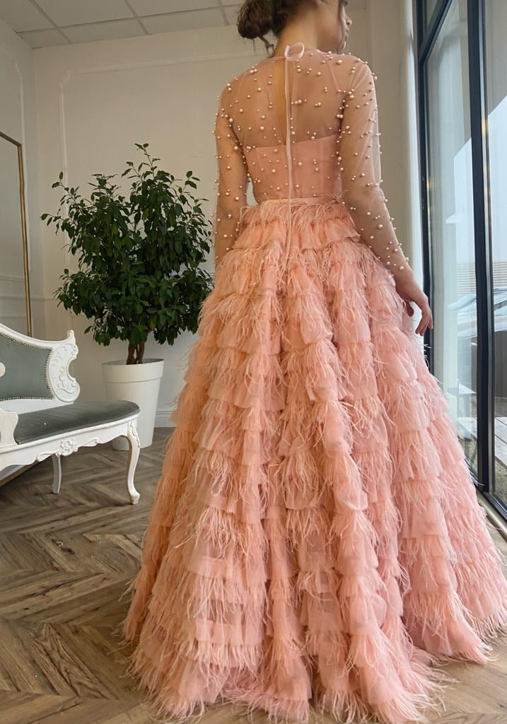 Pink A-Line dress with long sleeves, beading and belt