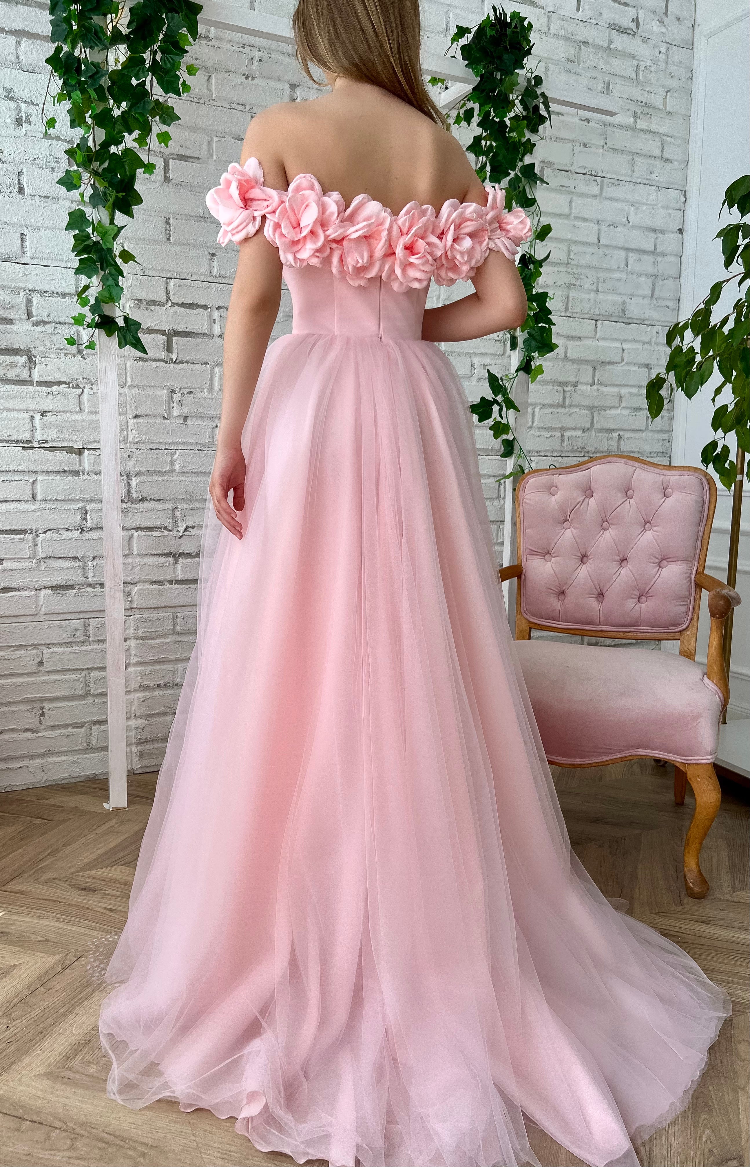 Pink A-Line dress with off the shoulder sleeves, embroidery and flowers