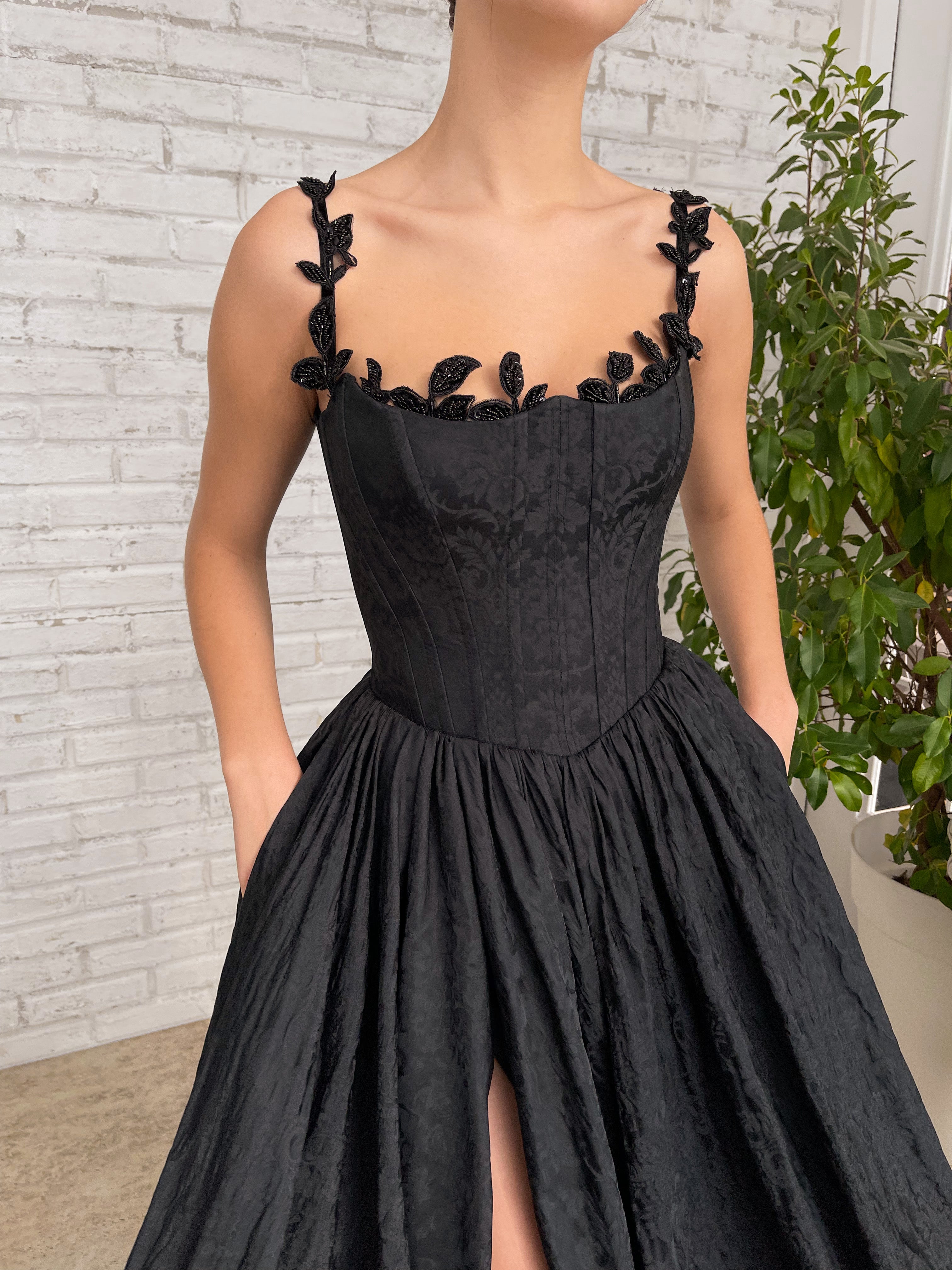 Black A-Line dress with off the shoulder sleeves and embroidery