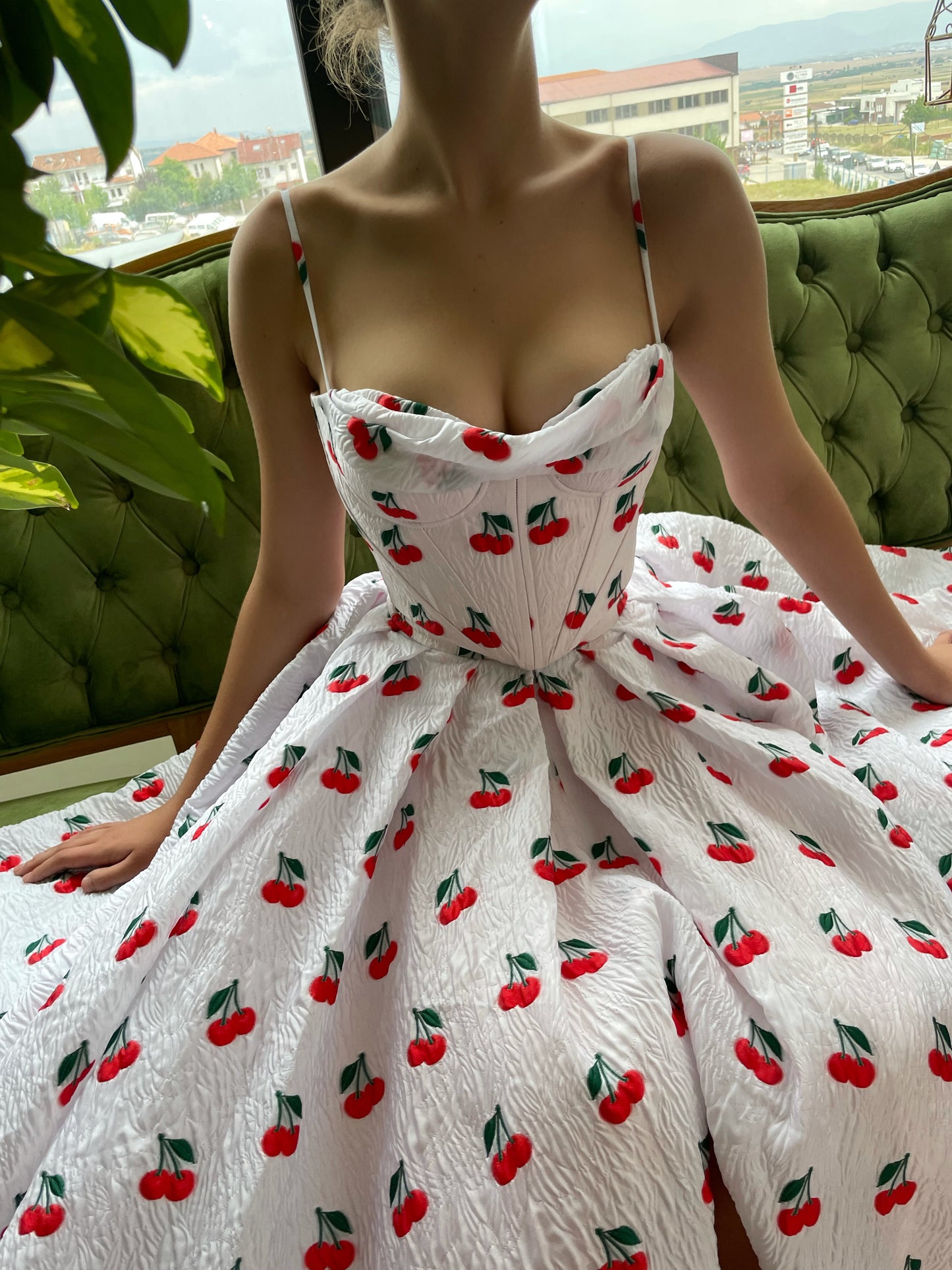 White two piece dress with spaghetti straps and printed cherries