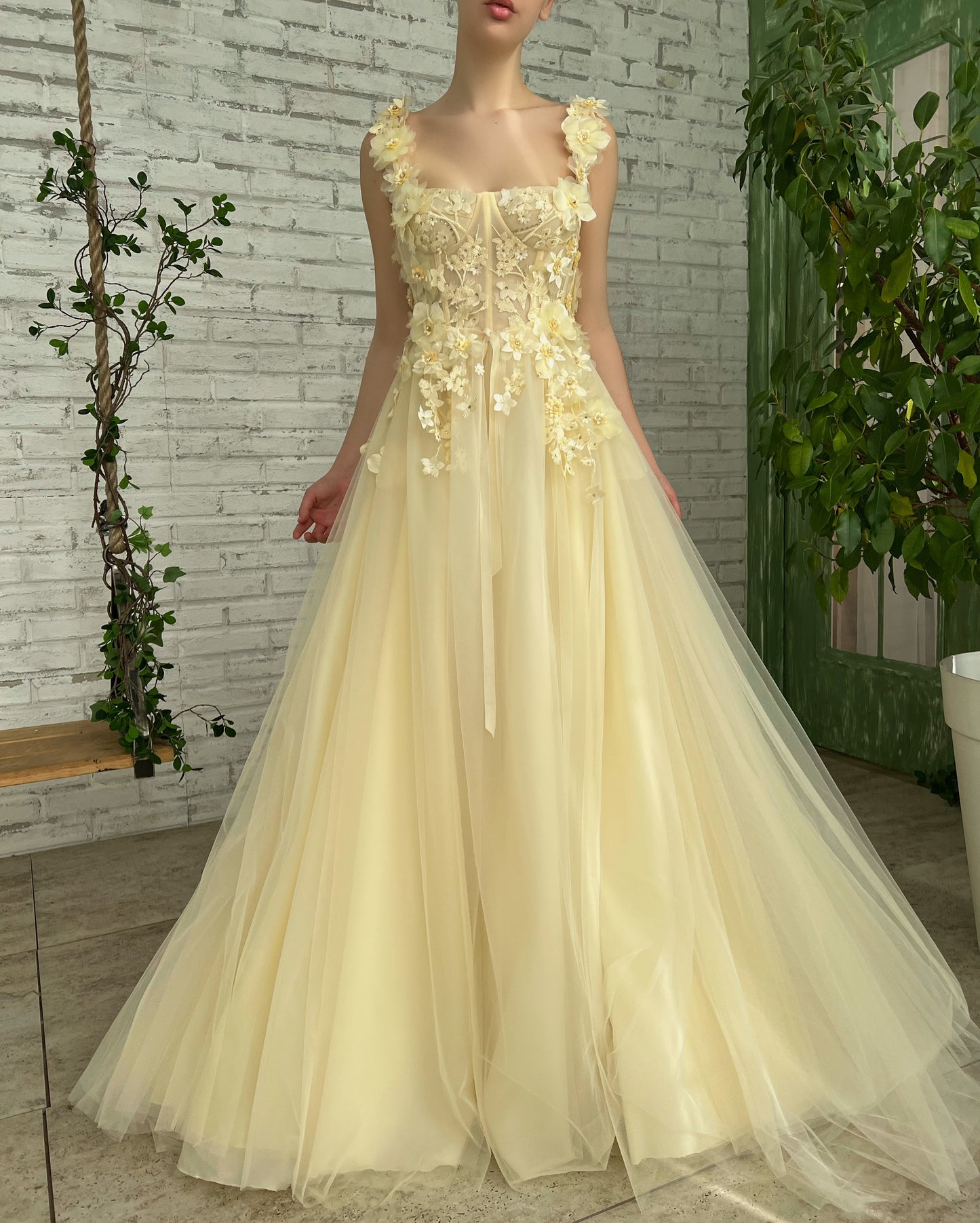 Yellow A-Line dress with straps, embroidery and flowers