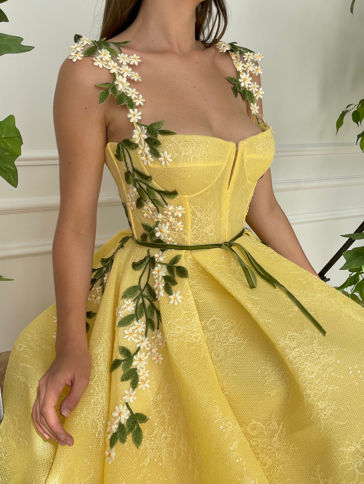 Yellow A-Line dress with embroidery and spaghetti straps