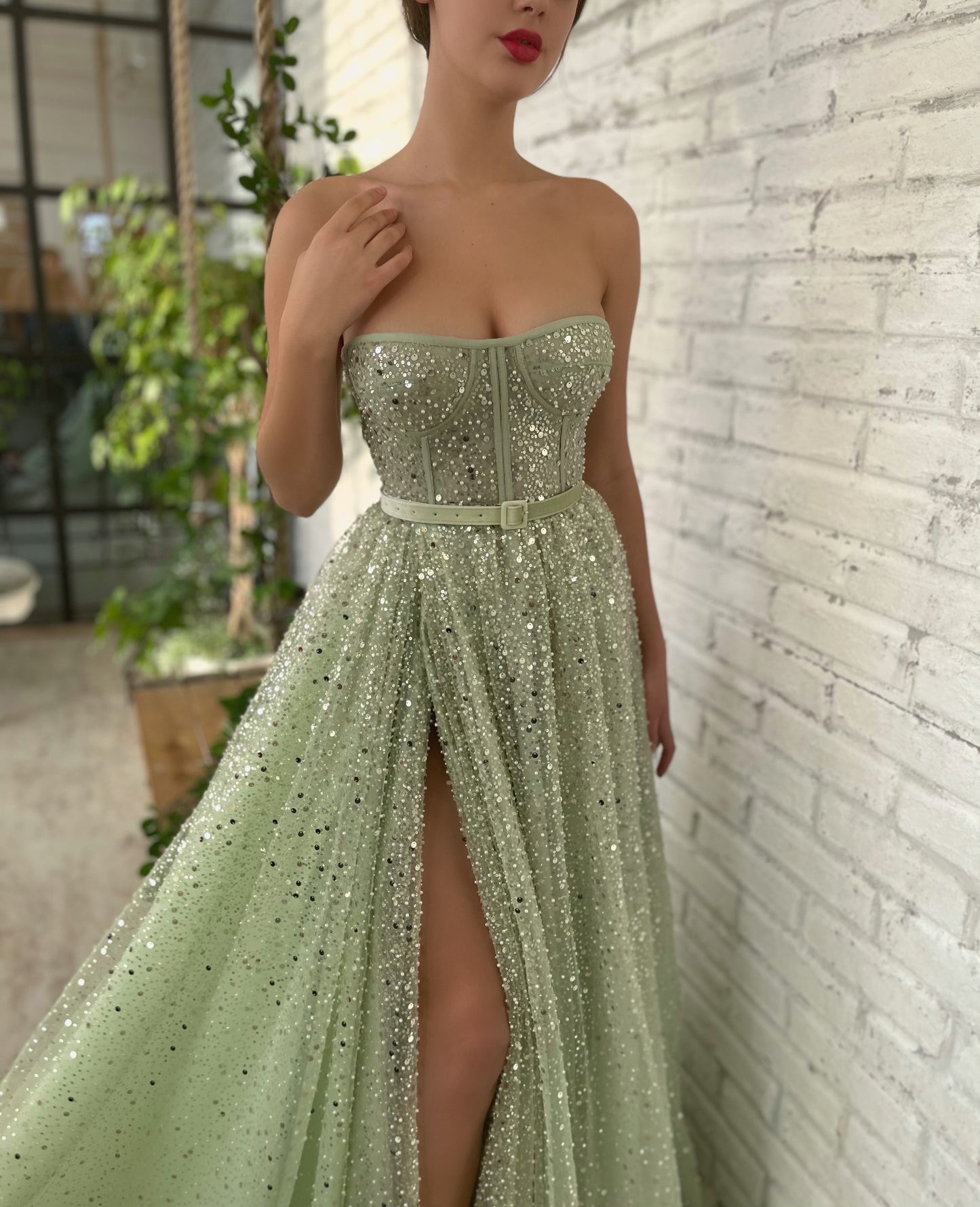 Green A-Line dress with belt and no sleeves
