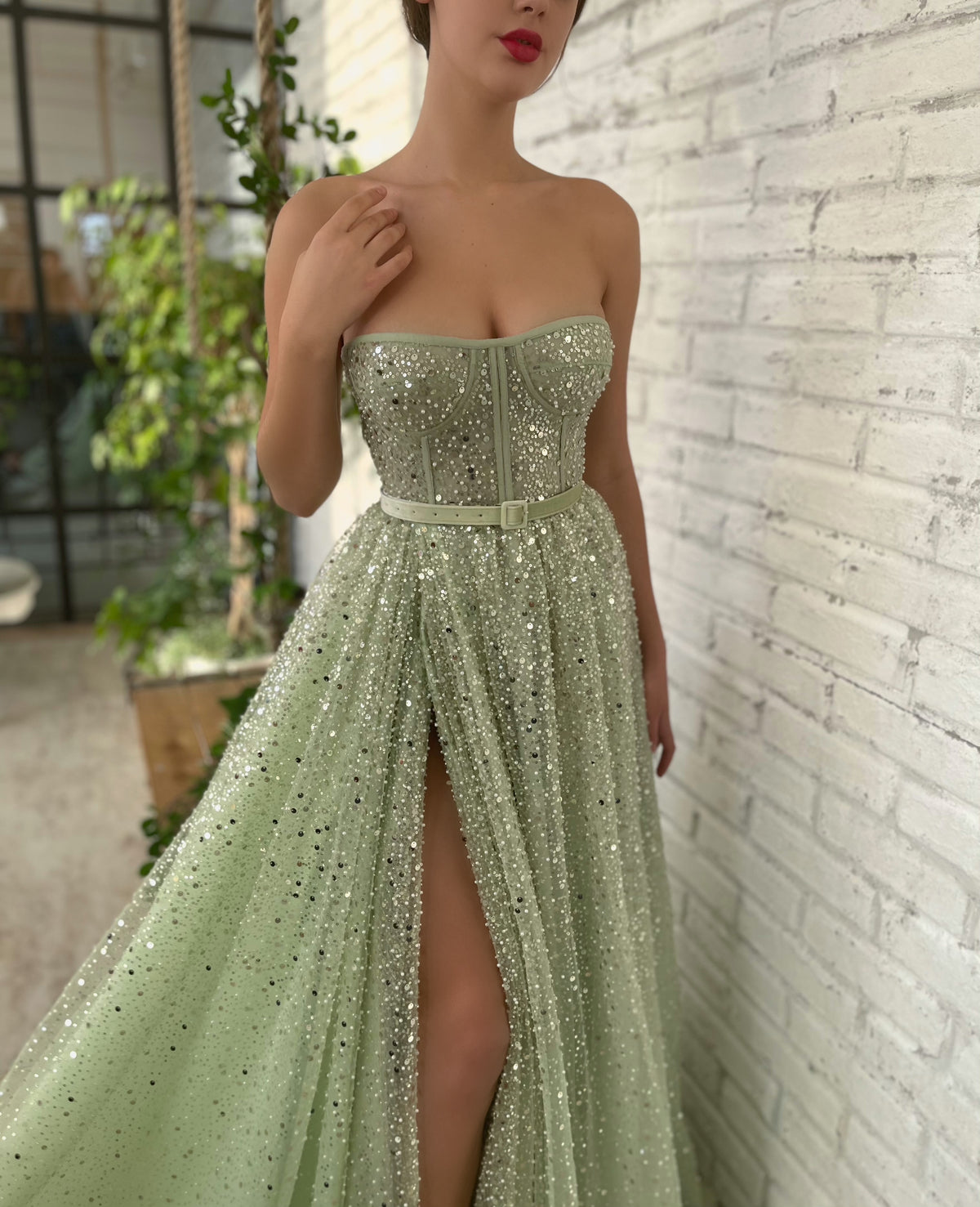 Green A-Line dress with belt and no sleeves