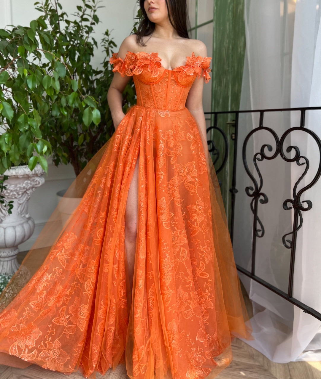 Orange A-Line dress with off the shoulder sleeves and embroidery