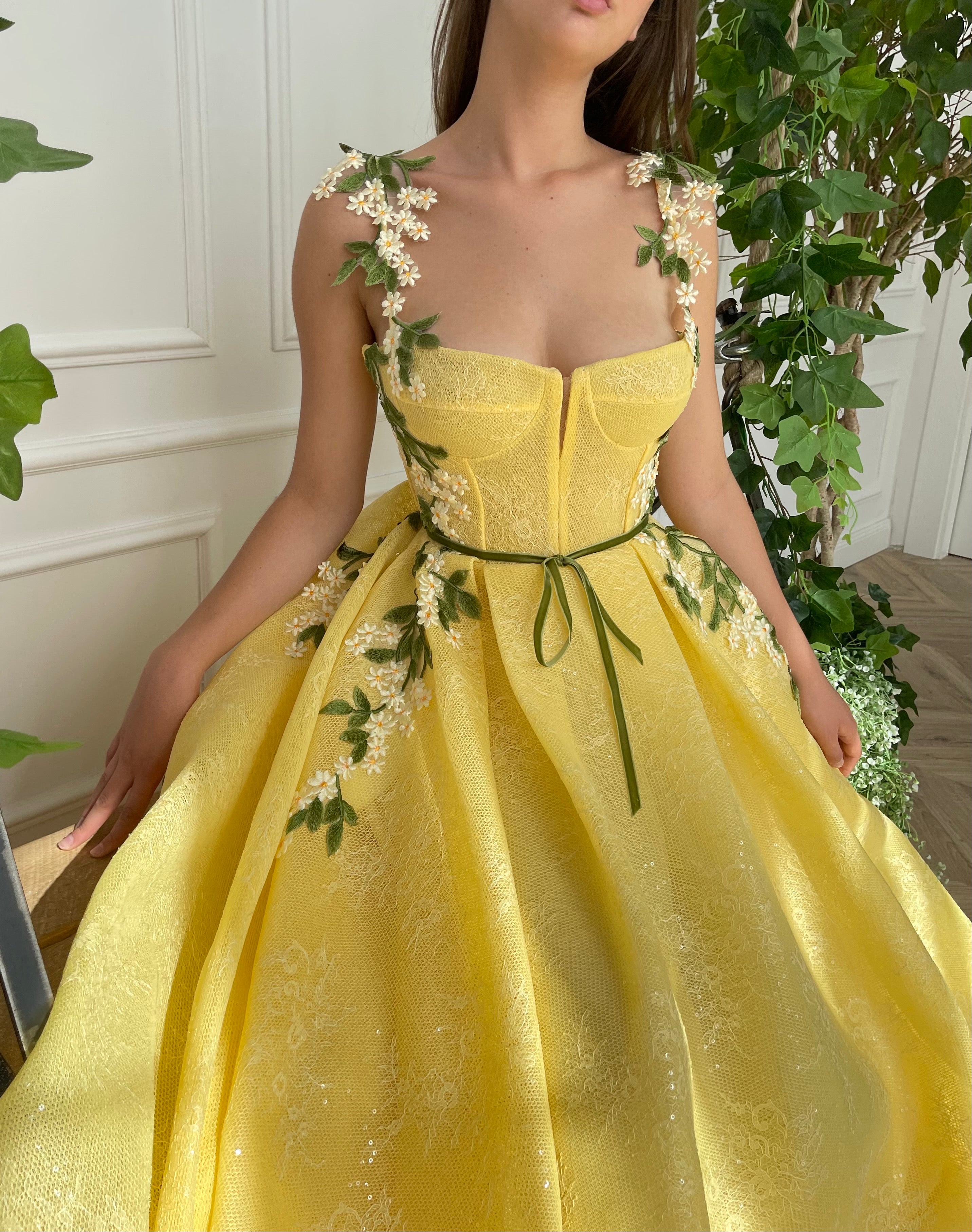 Yellow A-Line dress with embroidery and spaghetti straps