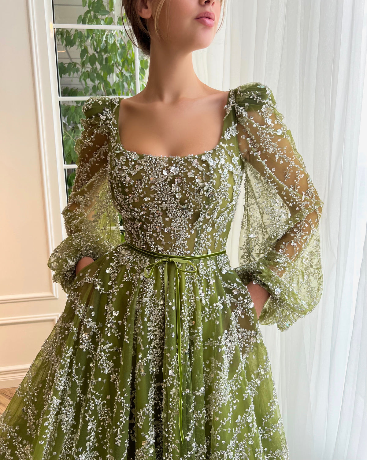 Green A-Line dress with long sleeves