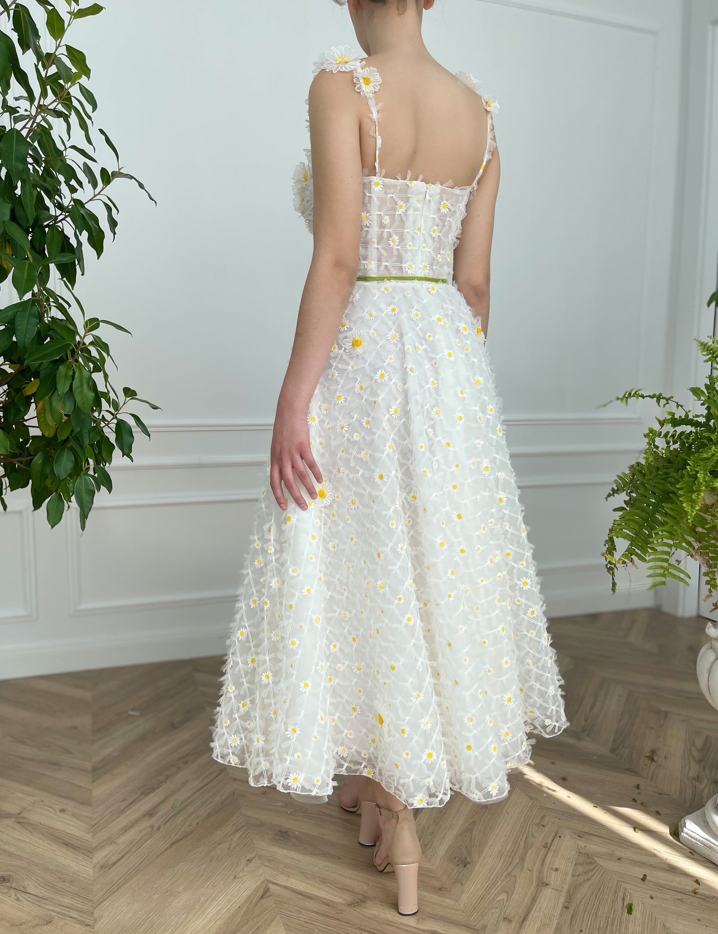 Midi white bridal dress with daisies, straps and embroidered flowers