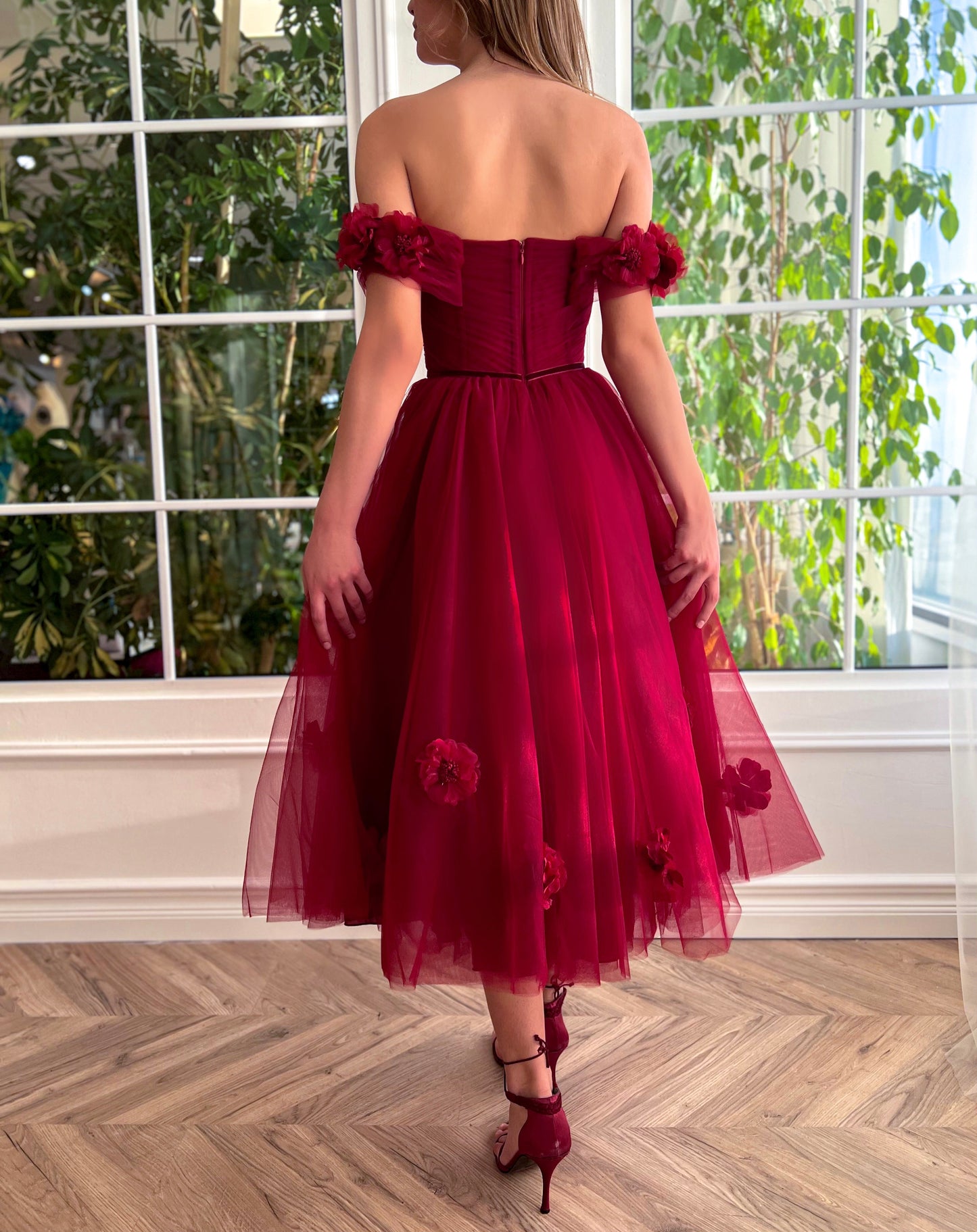 Red midi dress with embroidery, flowers and off the shoulder sleeves