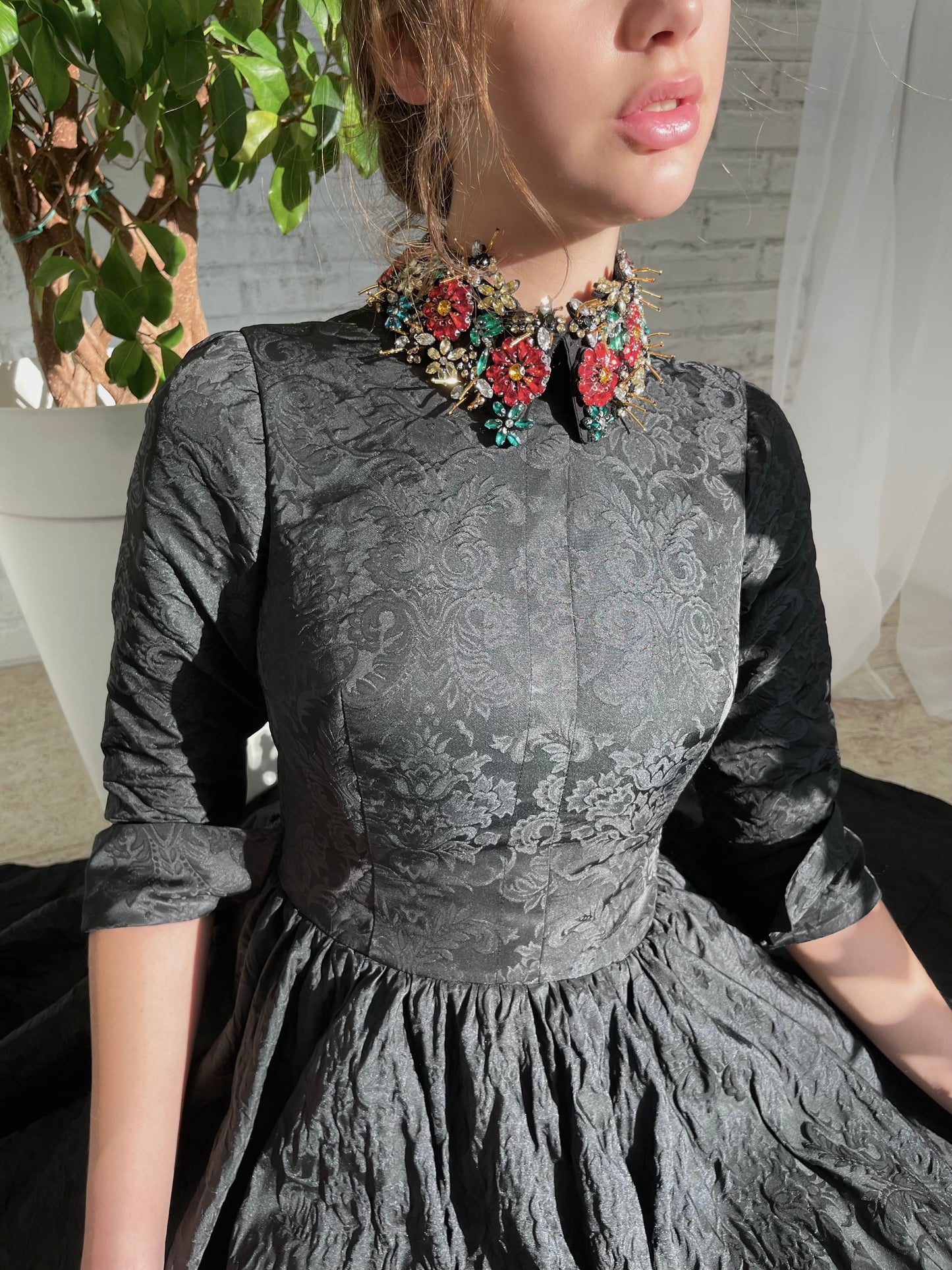 Black midi dress with short sleeves