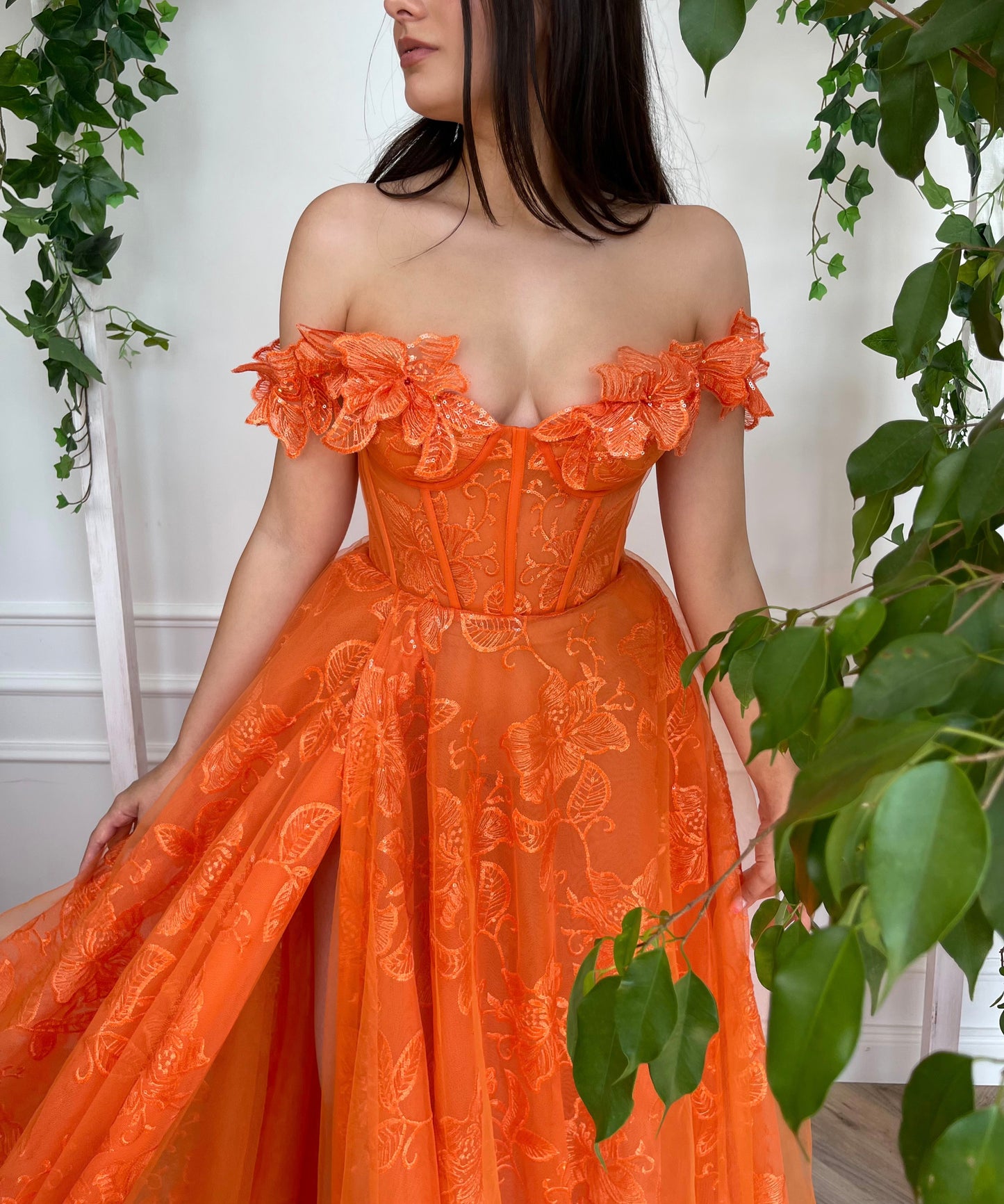 Orange A-Line dress with off the shoulder sleeves and embroidery