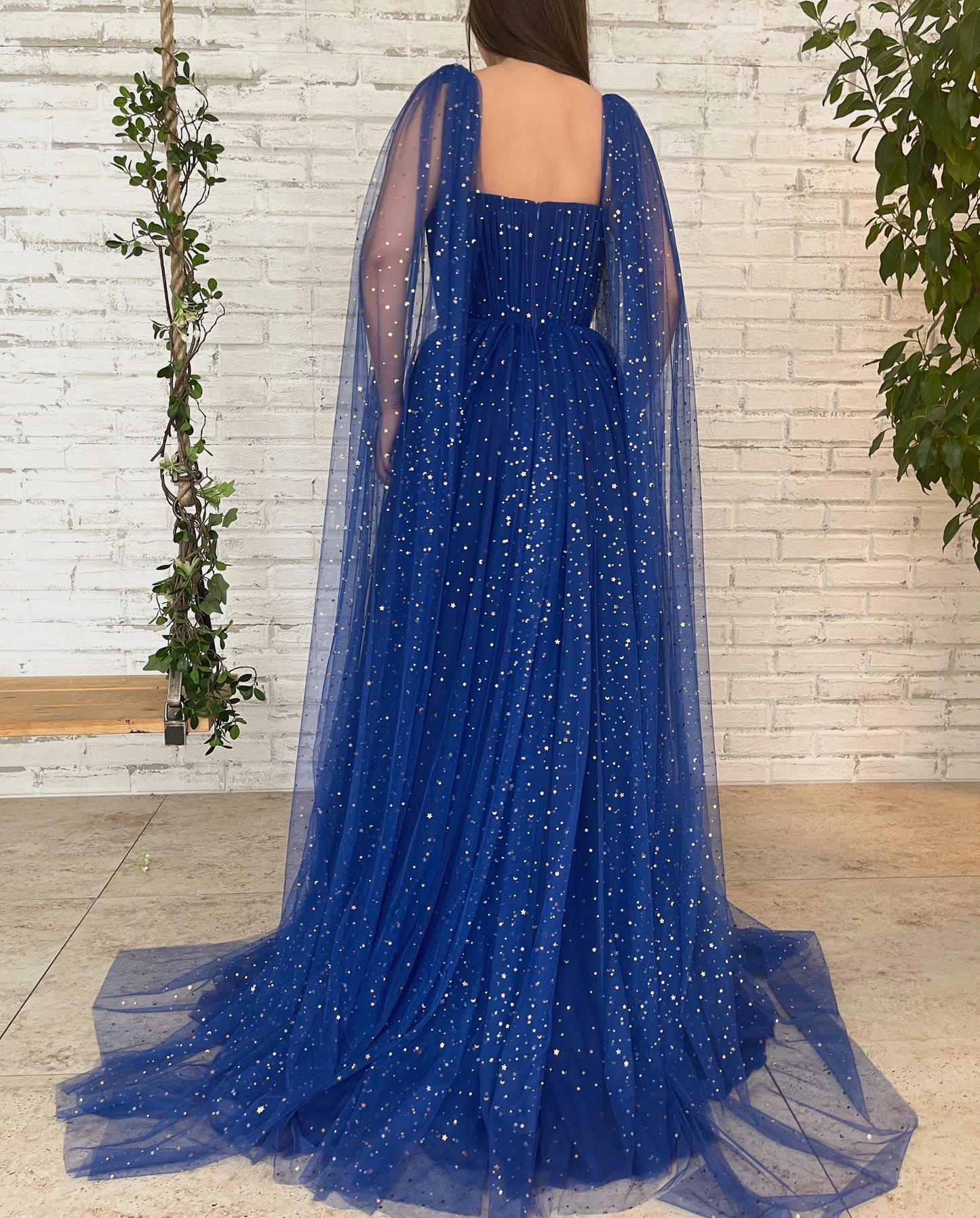 Blue A-Line dress with cape sleeves, spaghetti straps and starry fabric