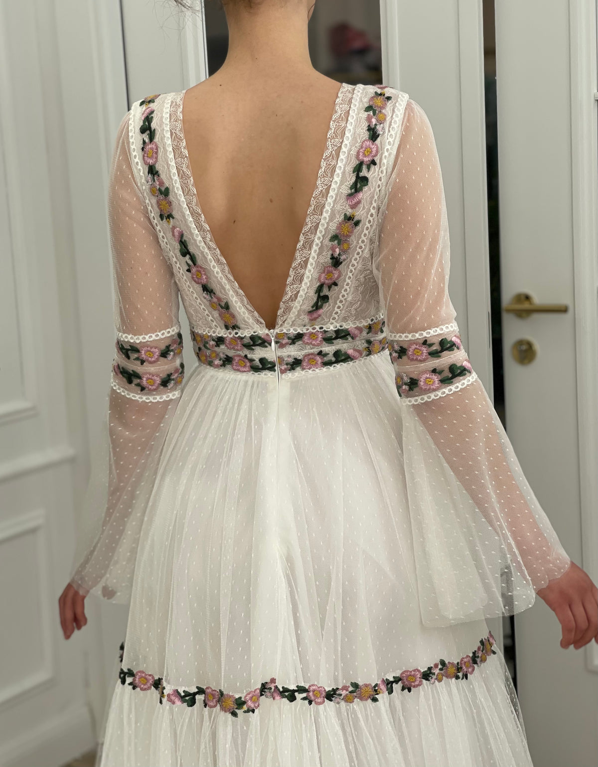 A Line white bridal dress with v-neck, long sleeves and embroidered flowers