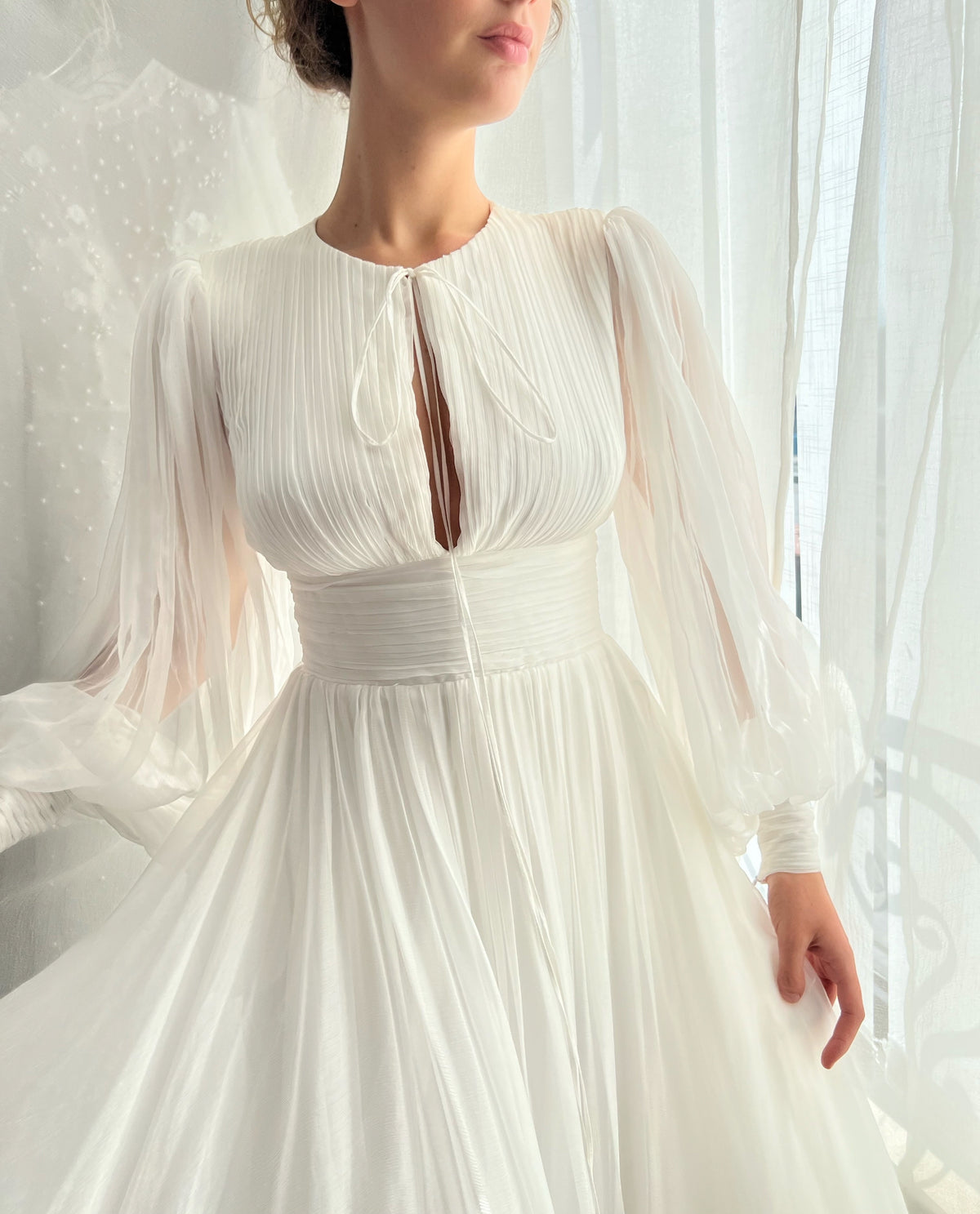 A Line plain white bridal dress with long sleeves 
