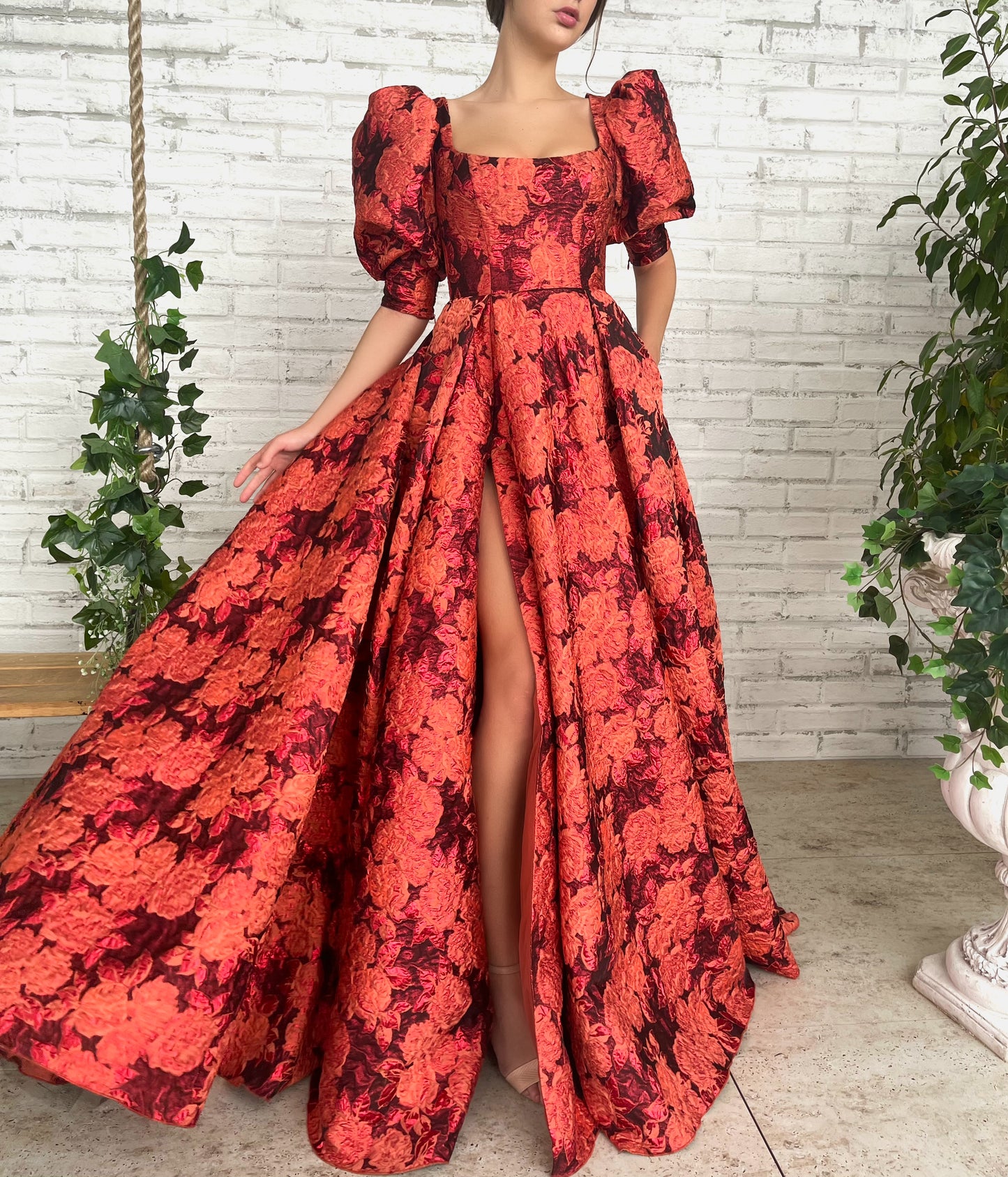 Red A-Line dress with short puff sleeves