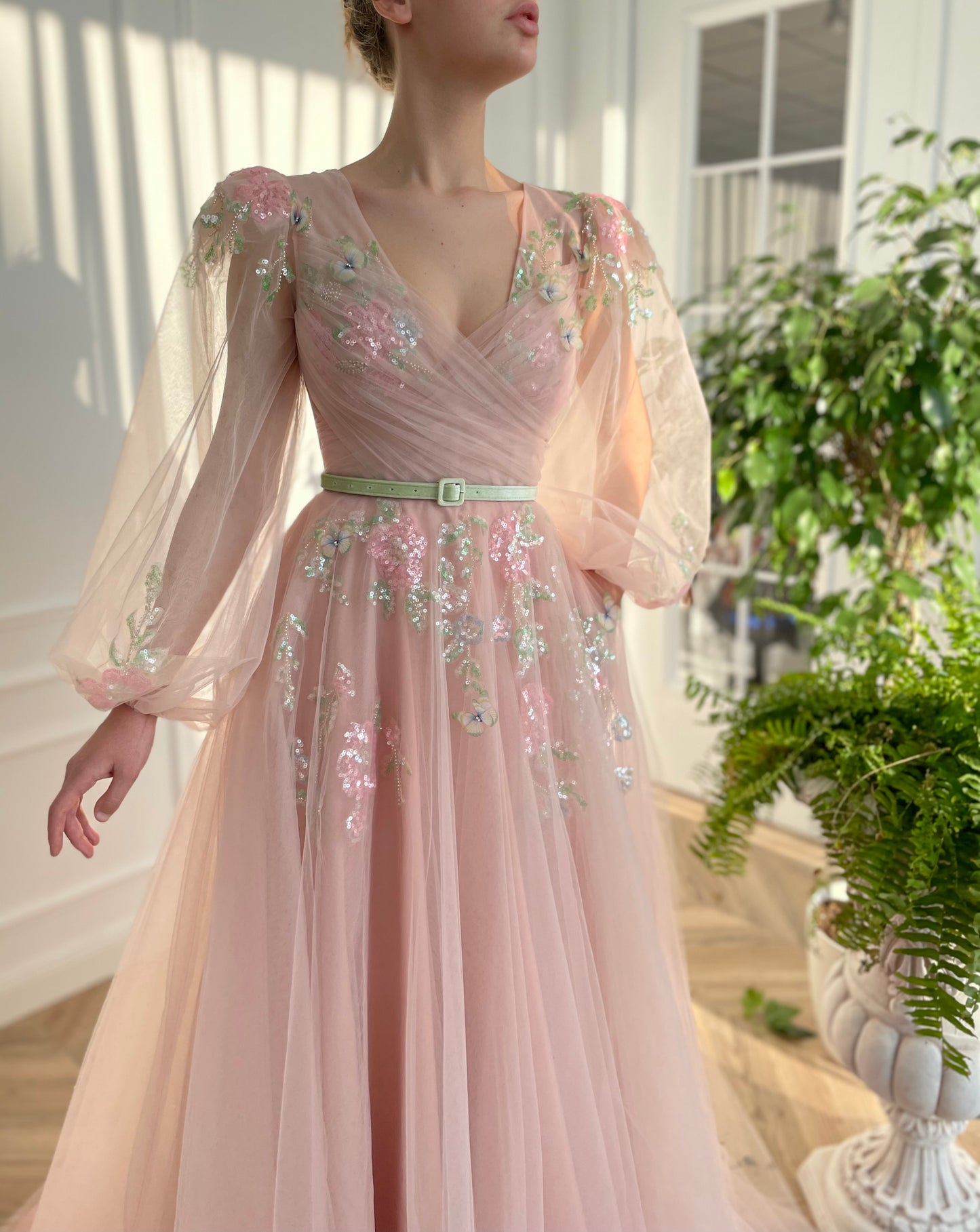 Pink A-Line dress with long sleeves and embroidery
