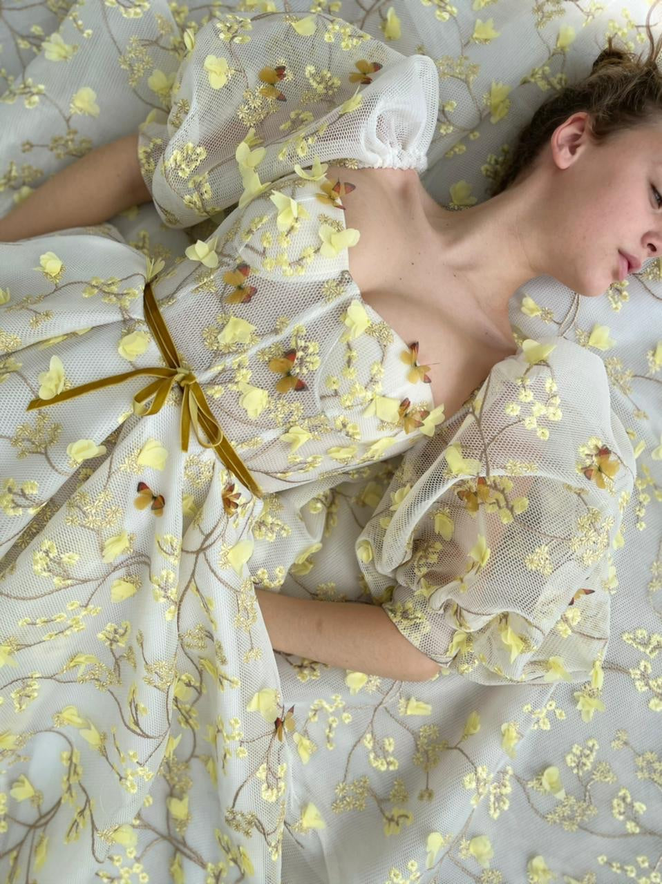 Yellow midi dress with embroidery and off the shoulder sleeves