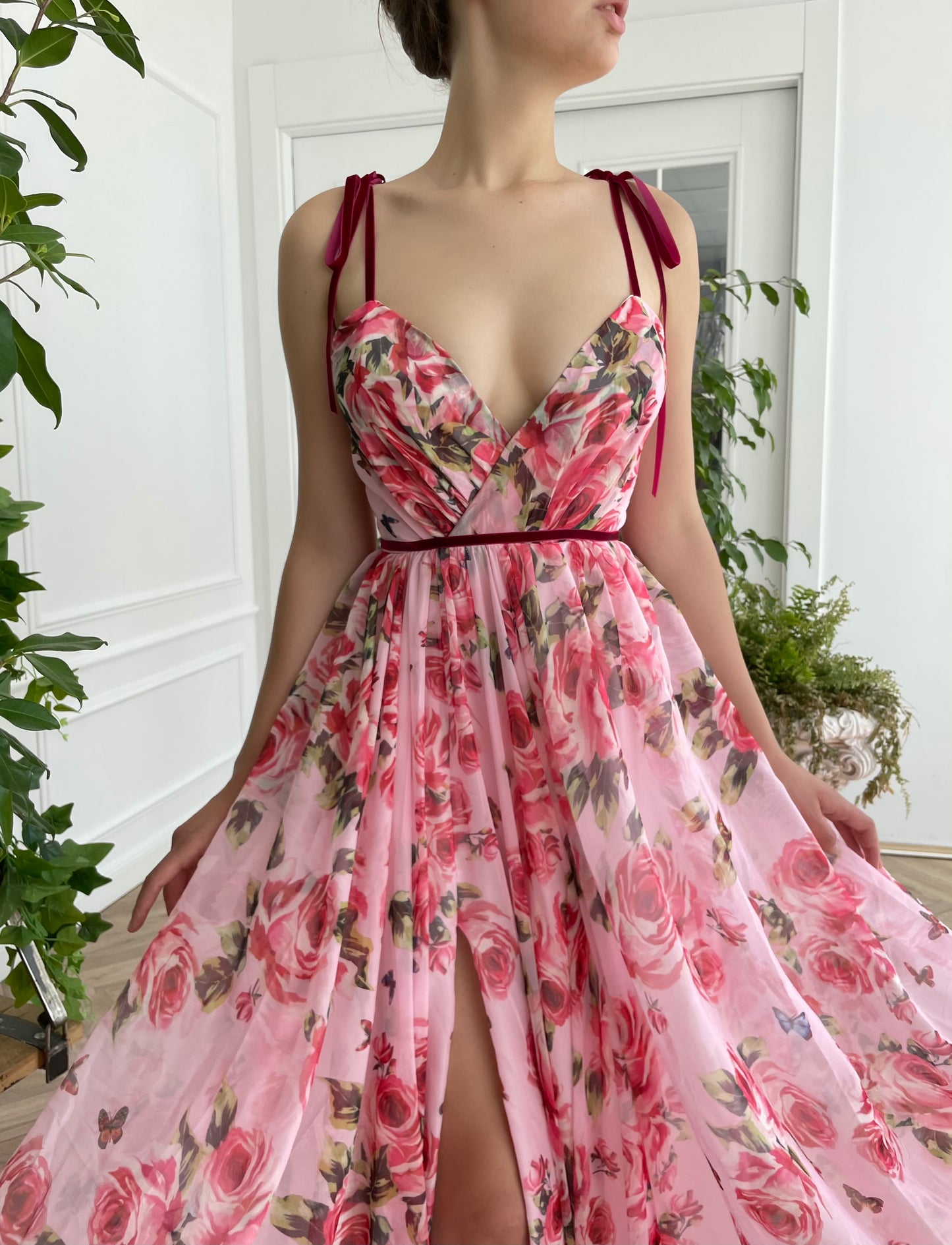 Pink A-Line dress with spaghetti straps and v-neck