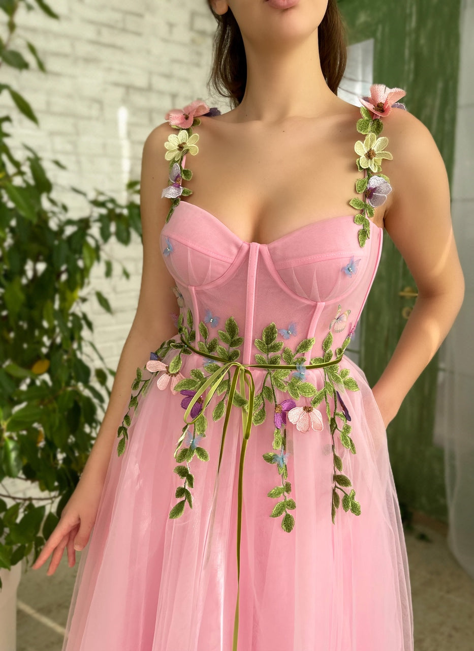 Pink midi dress with spaghetti straps and embroidery