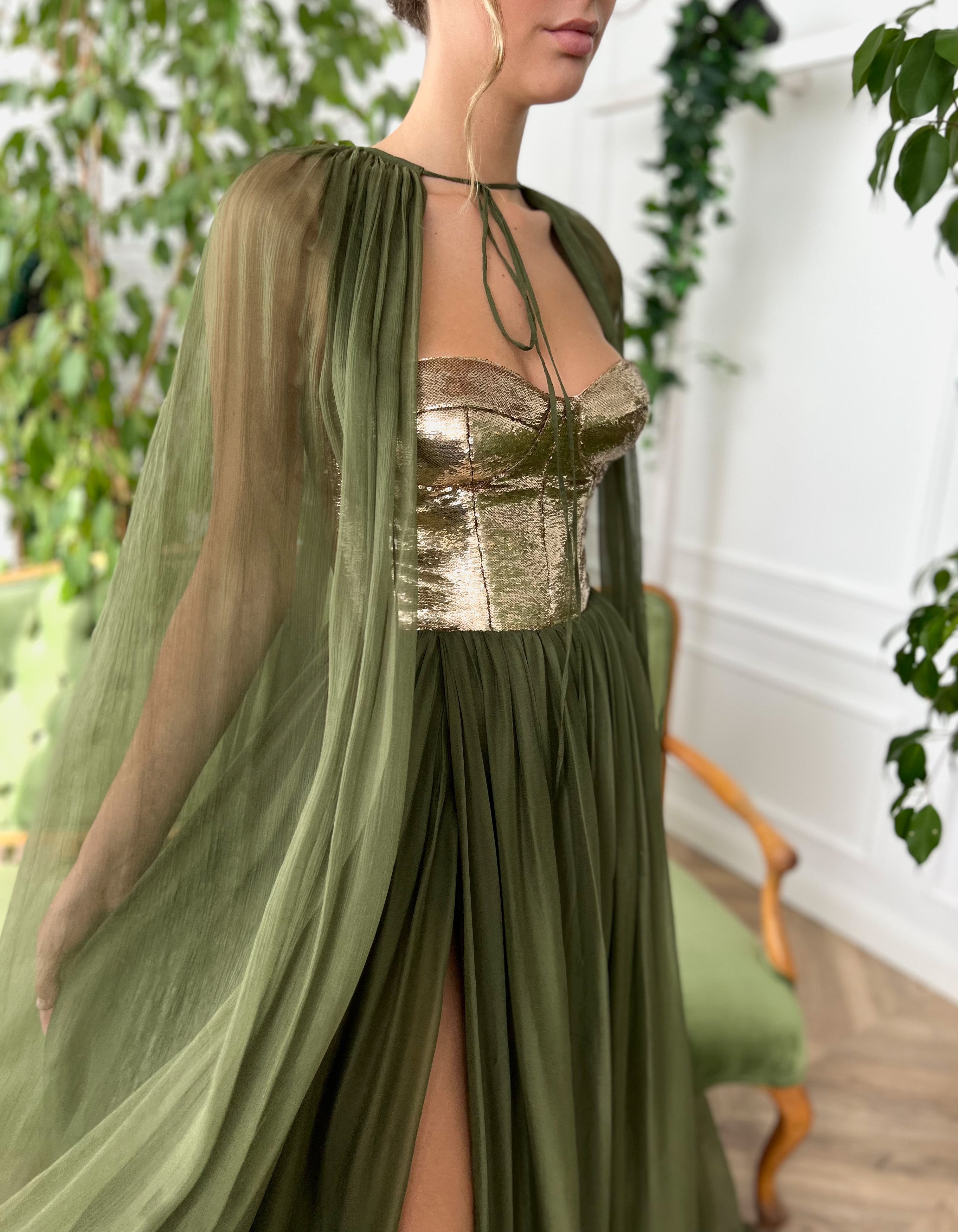 Green A-Line dress with cape and no sleeves