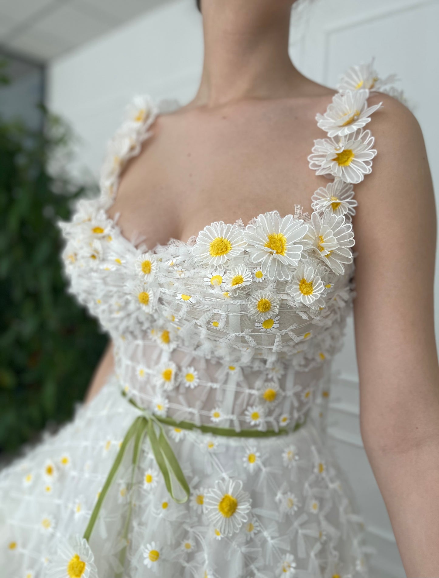 Midi white bridal dress with daisies, straps and embroidered flowers