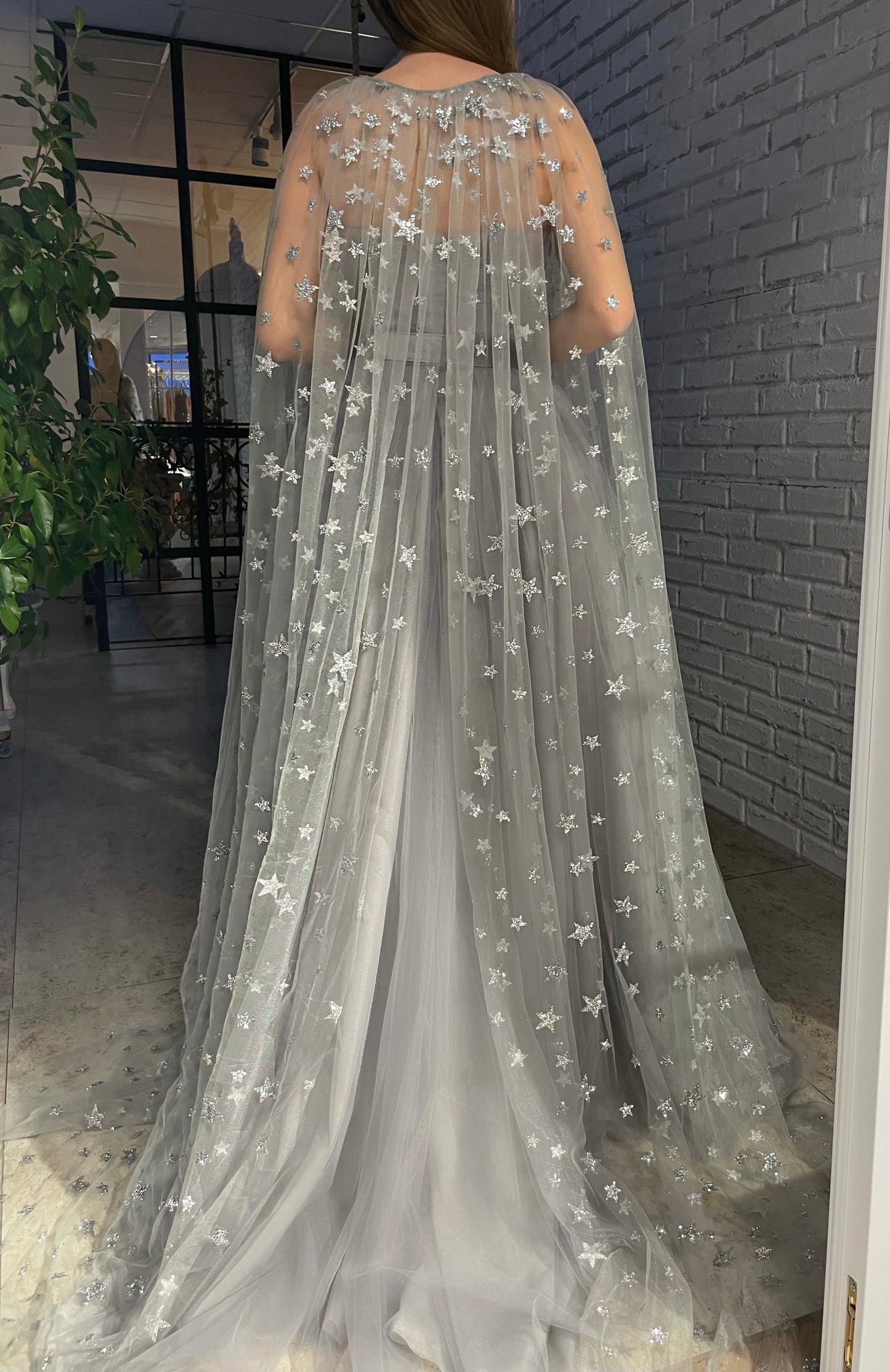 Grey A-Line dress with starry cape and belt