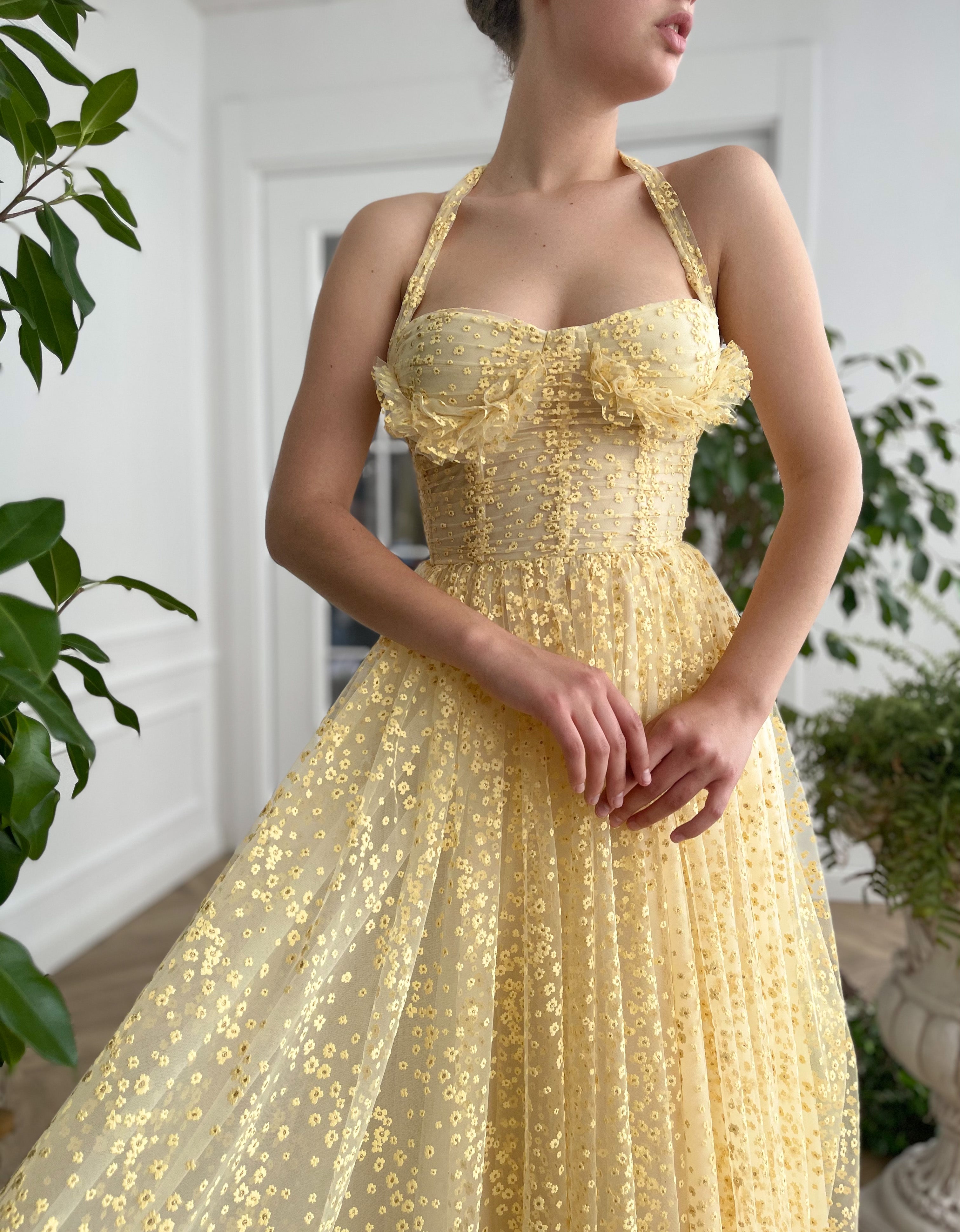 Yellow midi dress with spaghetti straps