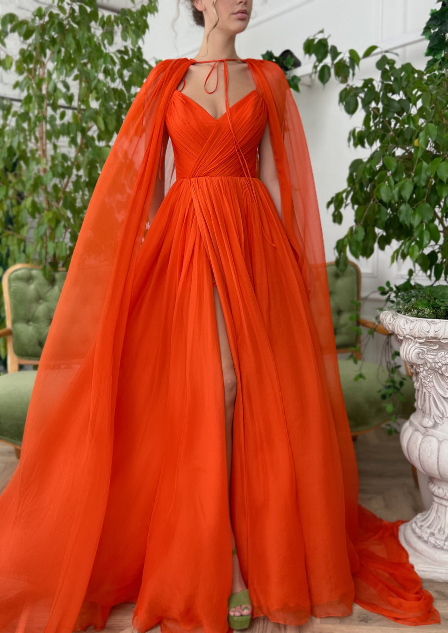 Orange A-Line dress with v-neck, no sleeves and cape