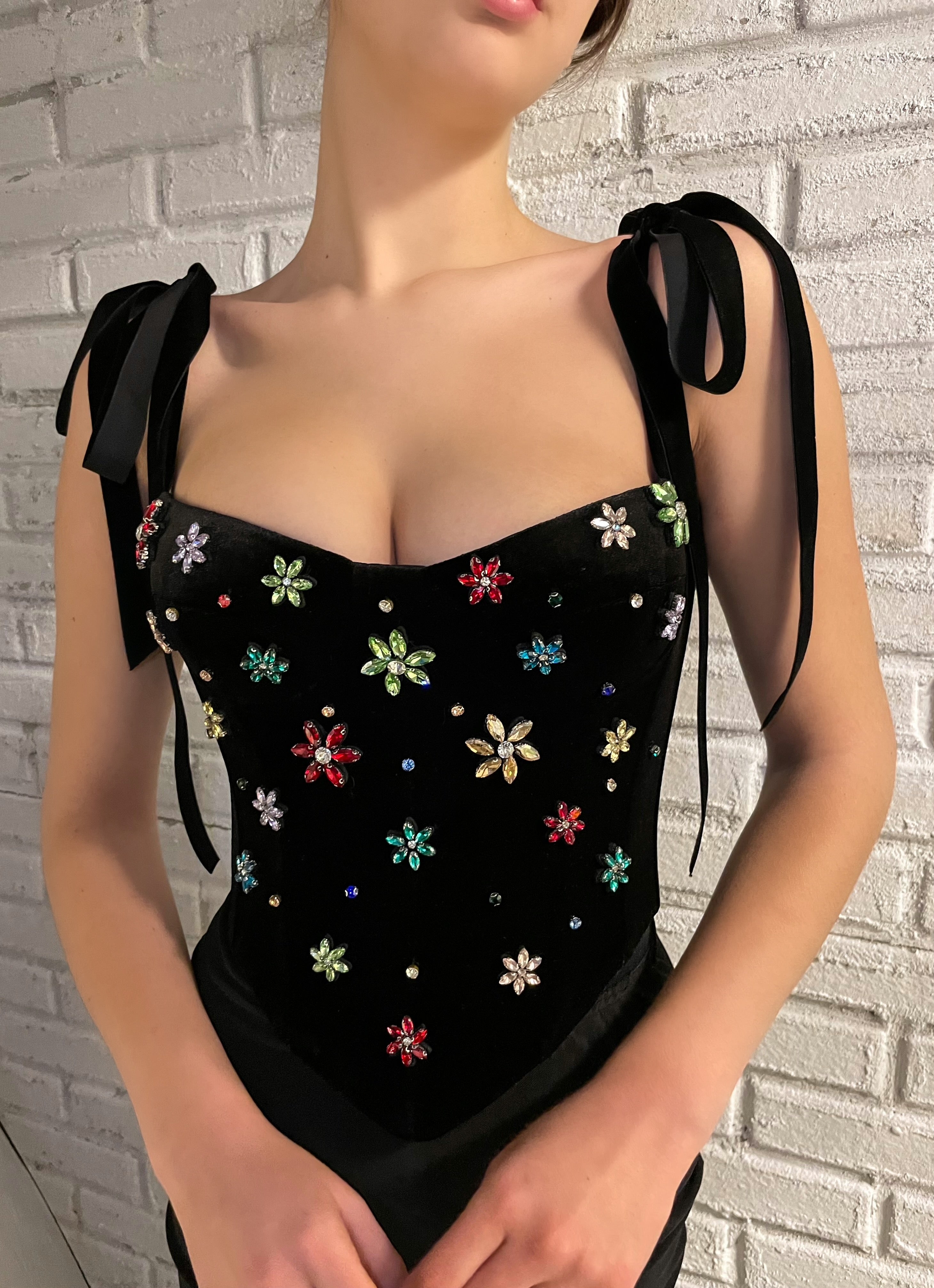 Black corset with bow straps and embroidery