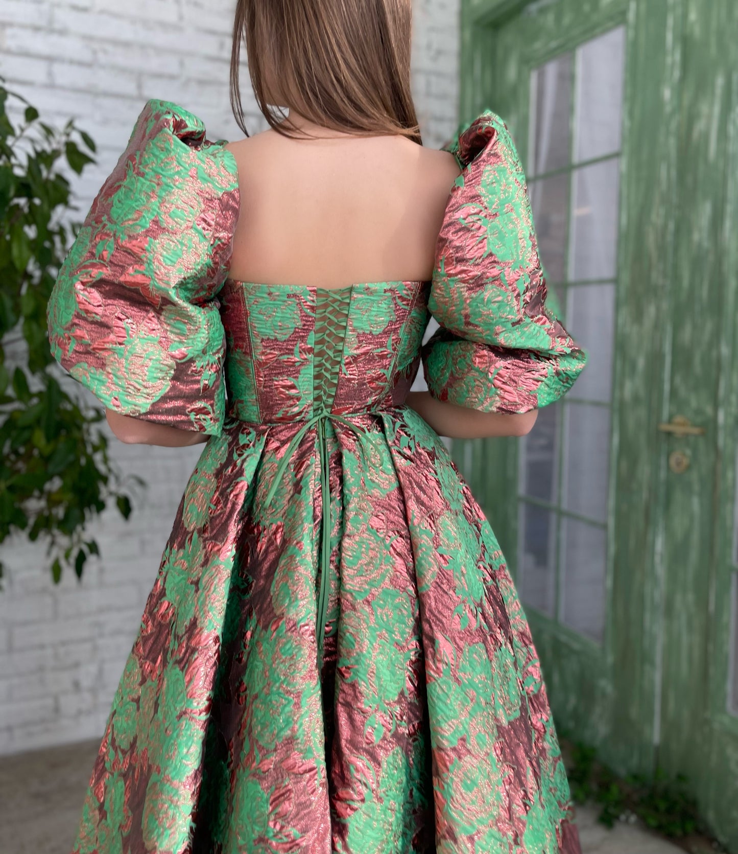 Green A-Line dress with short puff sleeves