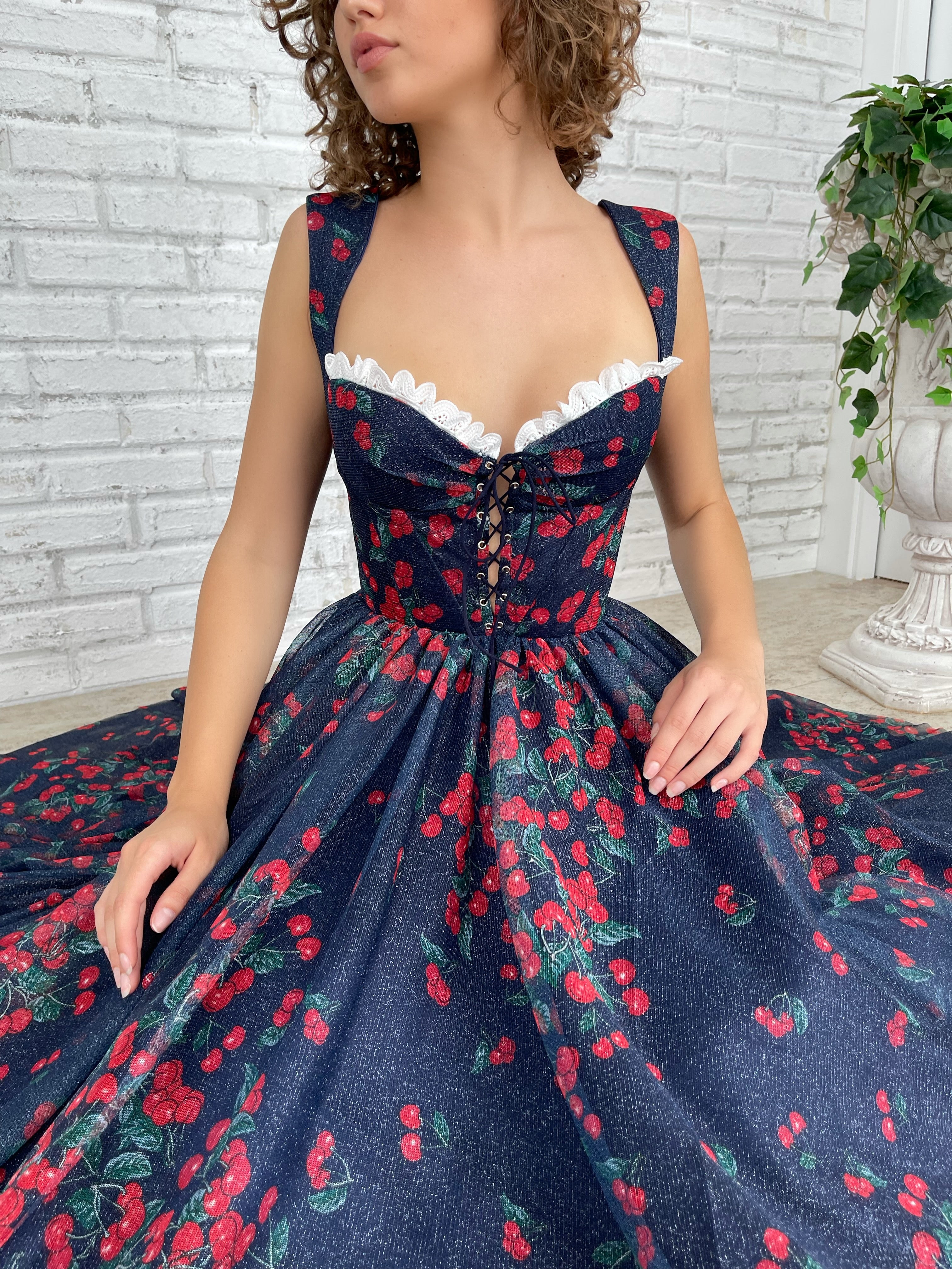 navy blue dress with cherries Navy Blue Cherry Print Fit & Flare Midi Dress
