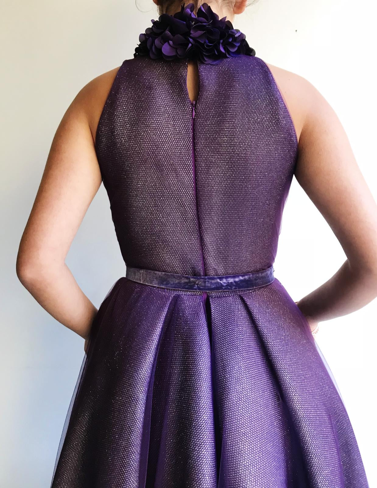 Purple A-Line dress with belt, embroidery and no sleeves
